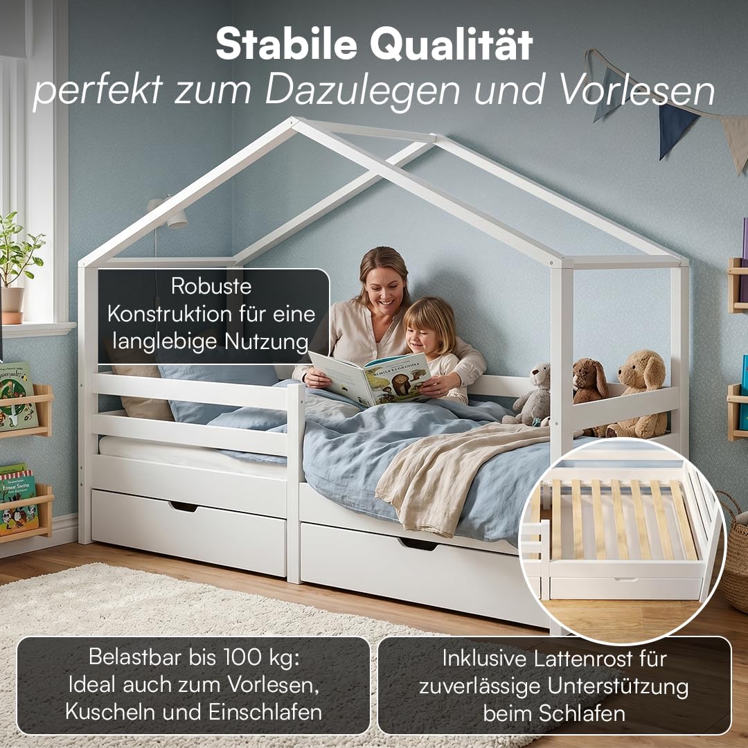 Bellabino Abia Kinderbett 90x200 cm – Hausbett mit Rausfallschutz, Lattenrost und 2 Schubladen – Montessori Kinder Bett aus Massivholz Kiefer für Jungen und Mädchen in Weiß