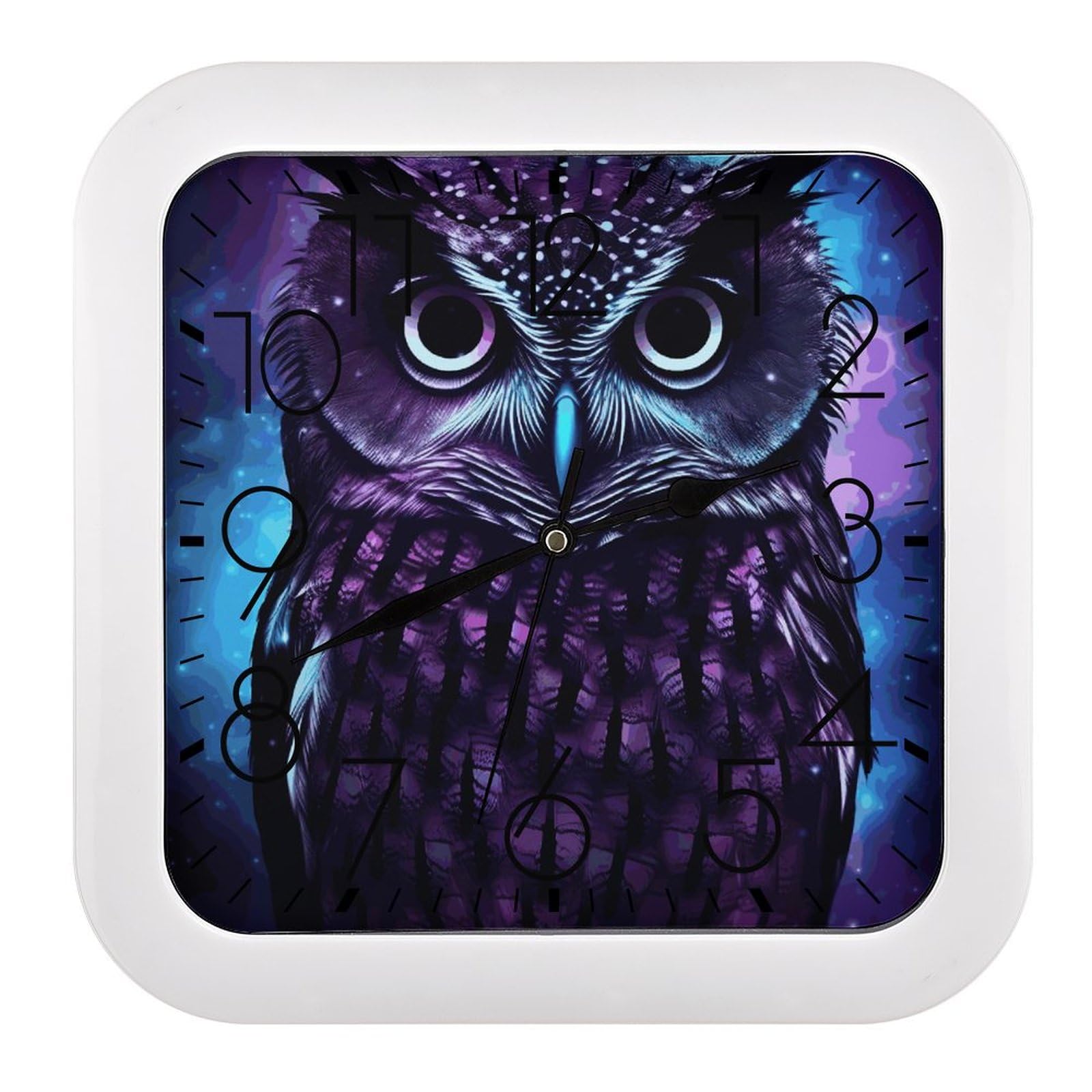 Horloge murale carrée hibou violet pour décorer une chambre d'enfant ou une salle de classe