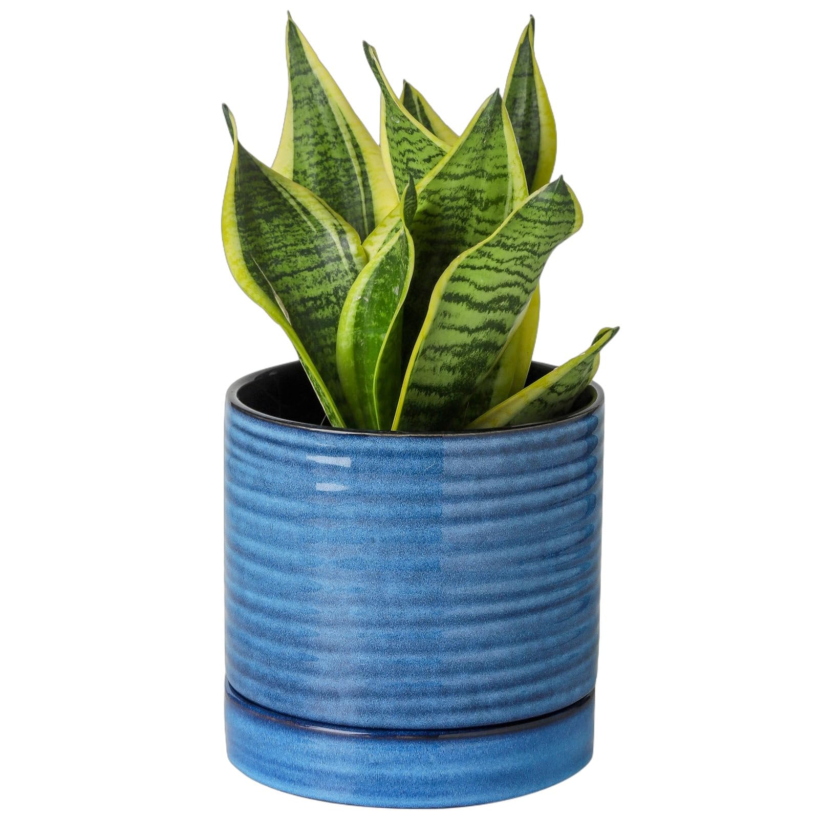 HASENSE Ceramic Plant Pots Indoor Outdoor, 6 Inch Pot for Plants with Drainage Hole and Saucer, Reactive Glaze Blue Modern Planter for Housewarming