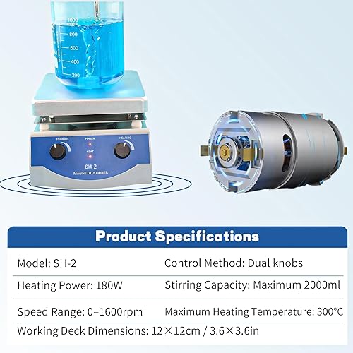 Miniatura 8 de Agitador magnético SH-2, mezclador de placa caliente de 520 ℉, agitador magnético de placa caliente de 100-2000 rpm con barra de agitación y soporte