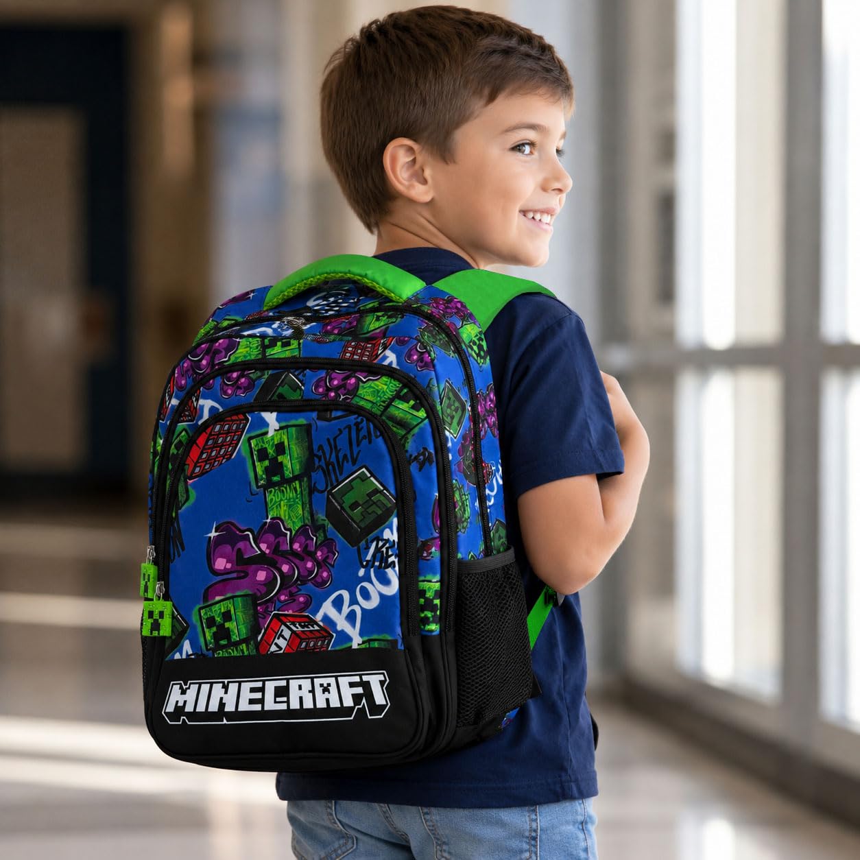 Zaino Scuola Elementare Bambino 3 Scomparti per fan di Minecraft | 6-12 anni, Schienale imbottito, 2 tasche borraccia, Dettagli riflettenti, 33x43cm,