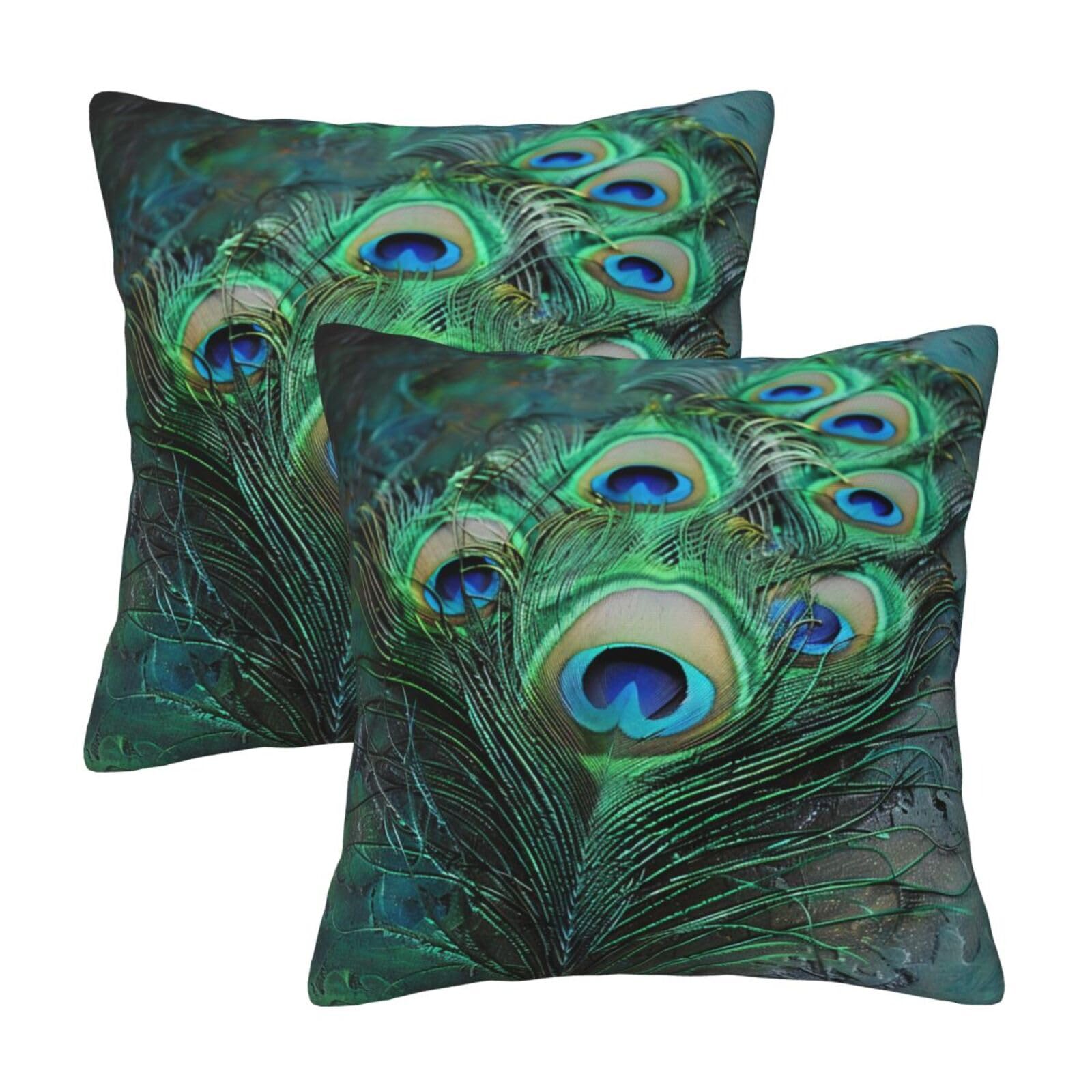kkvhhyuo Green Peacock Feather Print Pillow Covers Set of 2, Square Decorative Cushion Covers with Hidden Zipper, Throw Pillow Cases for Living Room Sofa Bed Chair, 50x50 cm
