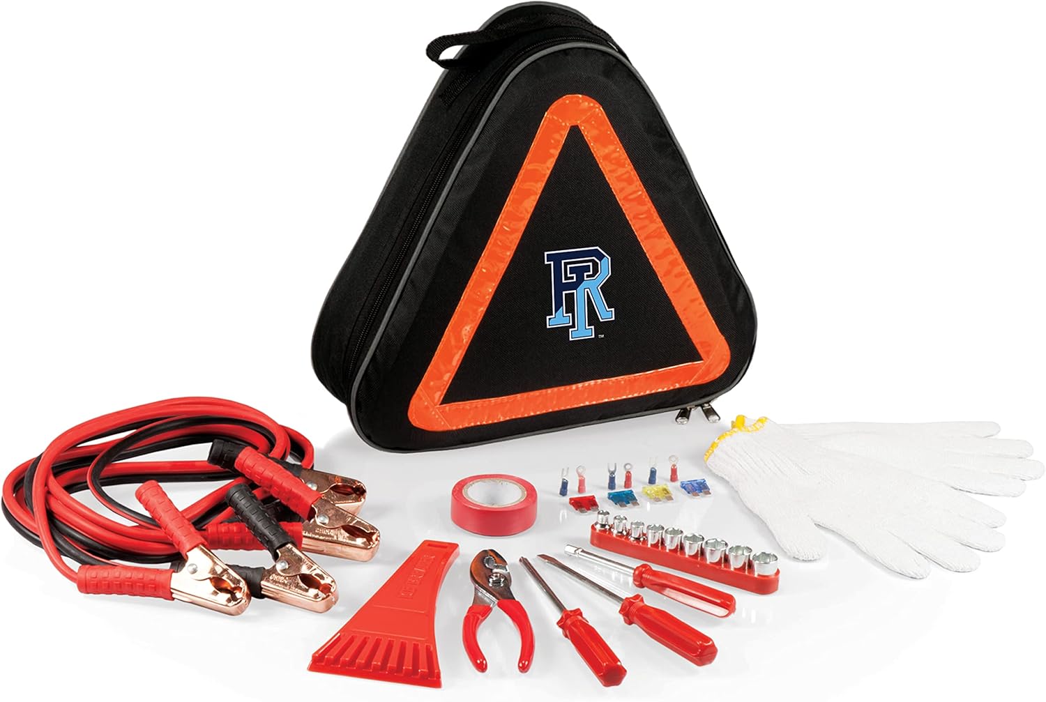PICNIC TIME NCAA Rhode Island Rams Roadside Emergency Car Kit, Auto Vehicle Safety Road Side Assistance with Jumper Cables and Car Tool Kit, (Black with Orange Accents)