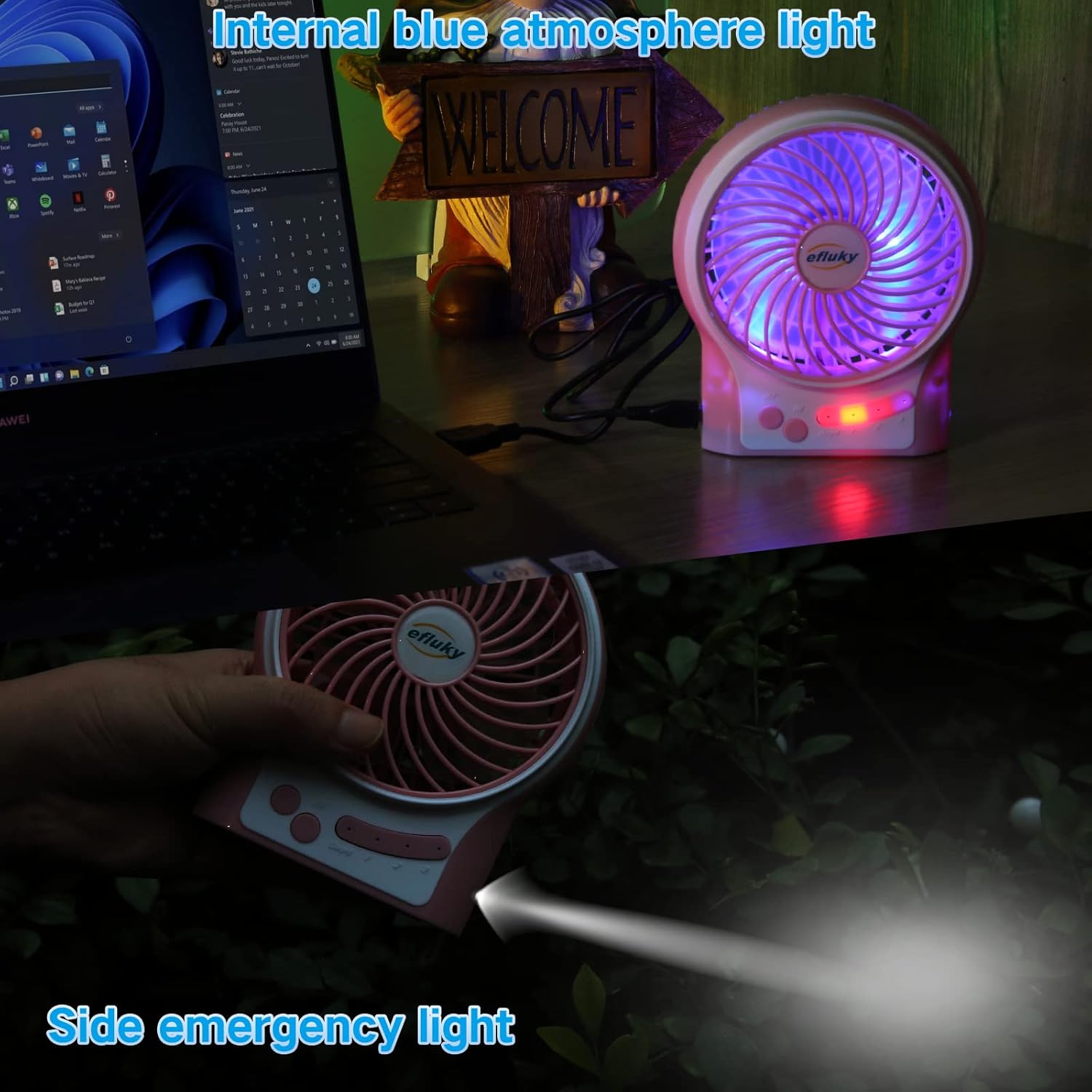 efluky 3-Speed Mini Desk Fan with LED Light, Portable USB Fan Quiet for Home, Office, Travel, Camping, Outdoor, Indoor, 4.9-Inch, Pink - Image 4