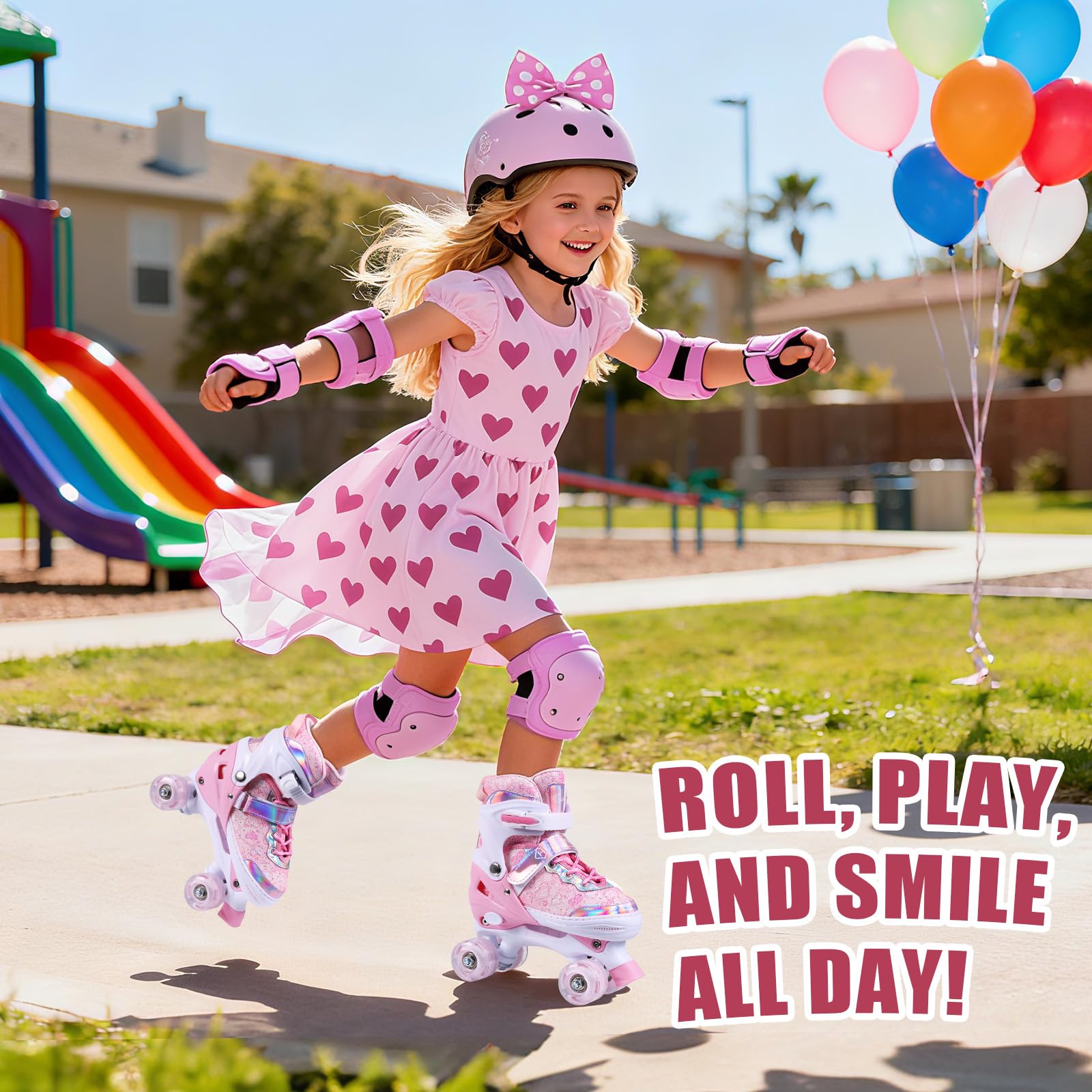4 Sizes Adjustable Kids Roller Skates for Girls Boys Indoor Outdoor Sports, Love-Pink, Small-Little Kids - Image 8