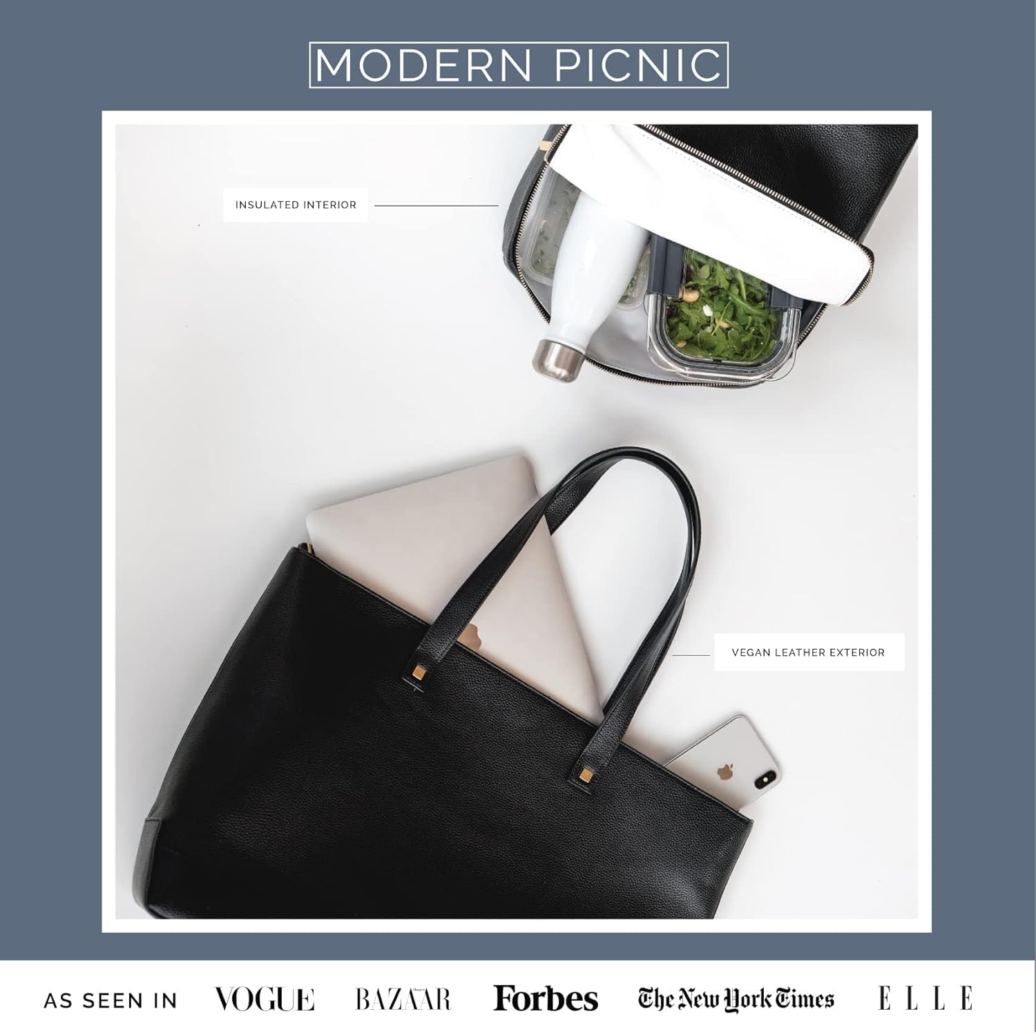 Black Faux Leather Tote with Insulated Pouch