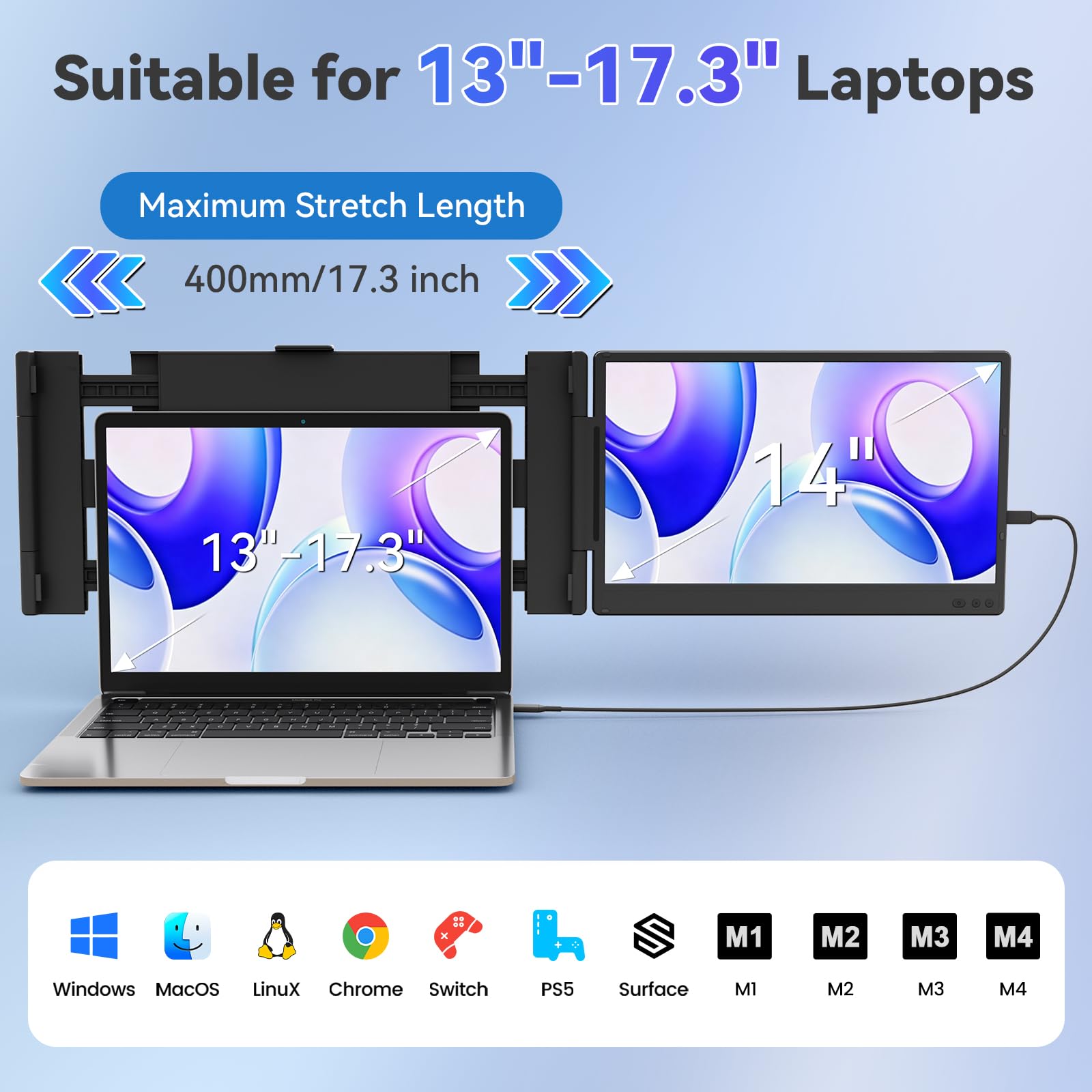 KEFEYA 14” Laptop Bildschirm Erweiterung FHD 1080P IPS Dual Screen Extender Laptop Monitor Erweiterung für Laptop 13"-17,3" mit USB-C/HDMI Plug & Play für Windows/Mac/Android/Switch /PS5