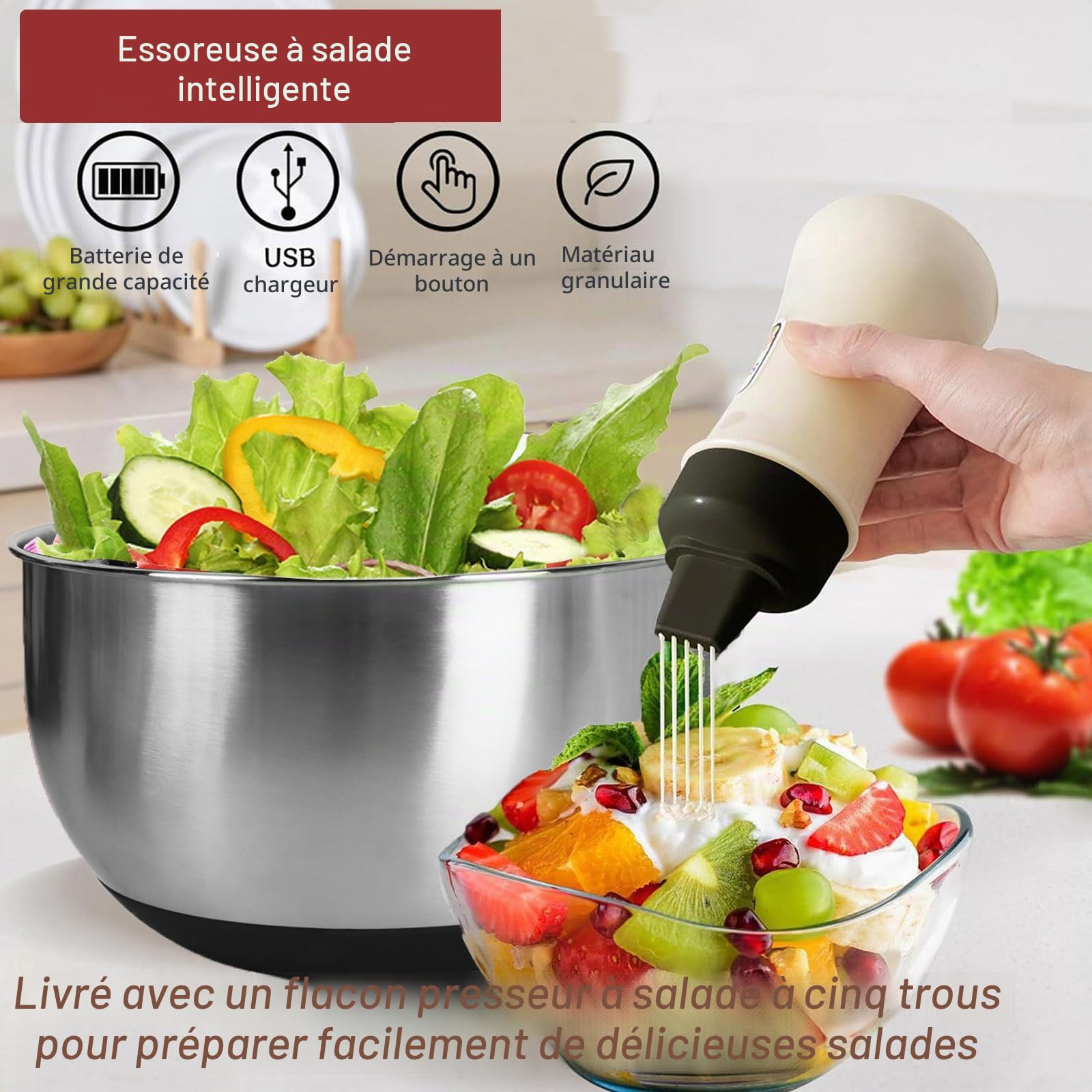 Essoreuse à Salade en Acier Inoxydable avec Couvercle de 4,8 l et Base Antidérapante – Grande Spinner à Salade– Essoreuse à Salade Electrique pour Laitue, Fruits, sans BPA et Passe au Lave-Vaisselle