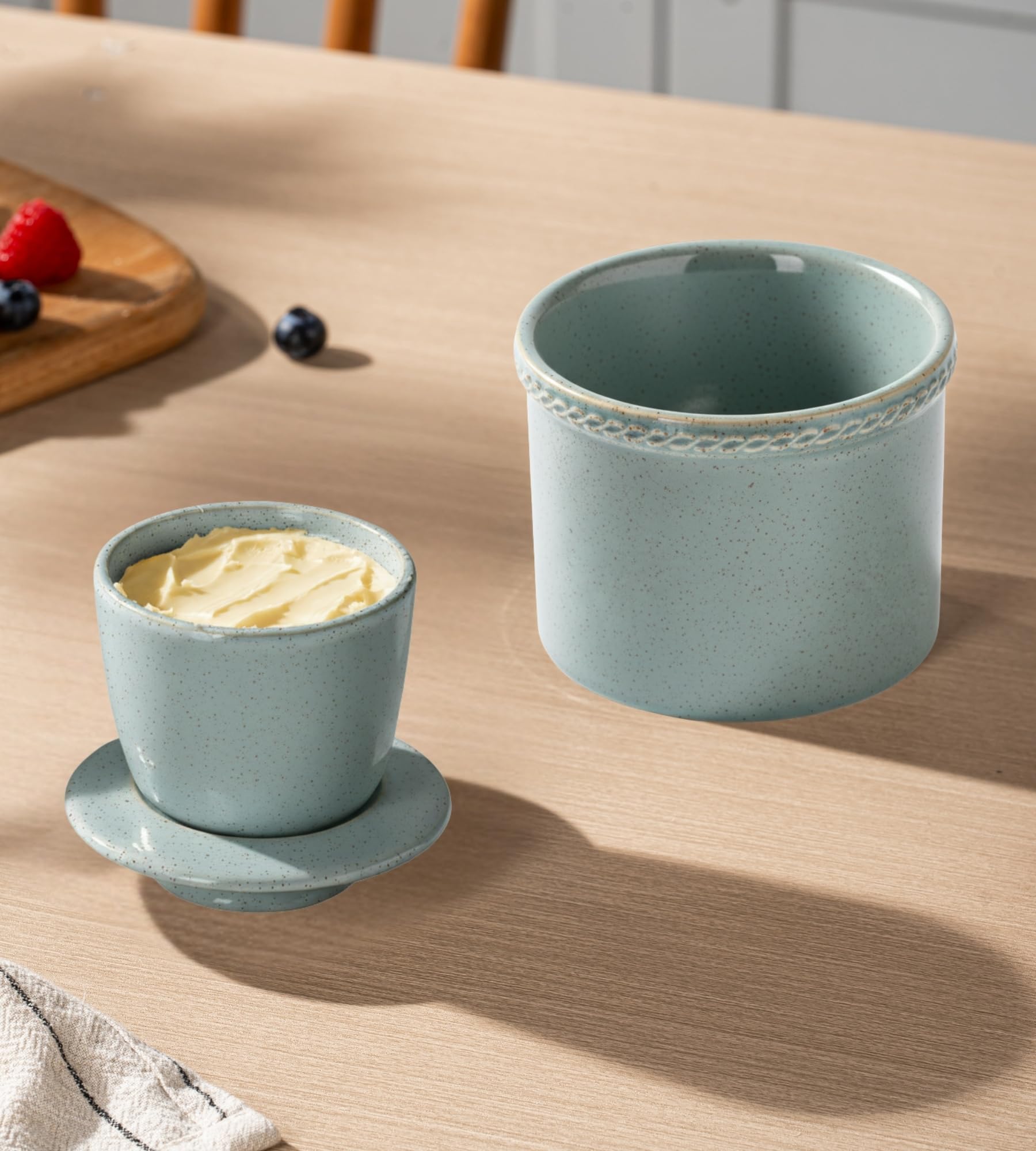Französische Butterdose mit Deckel, Keramik Butterglocke mit Wasserlinie, Butter Keeper ohne Kühlung für streichfähige Butter, 250g, Sternenblau