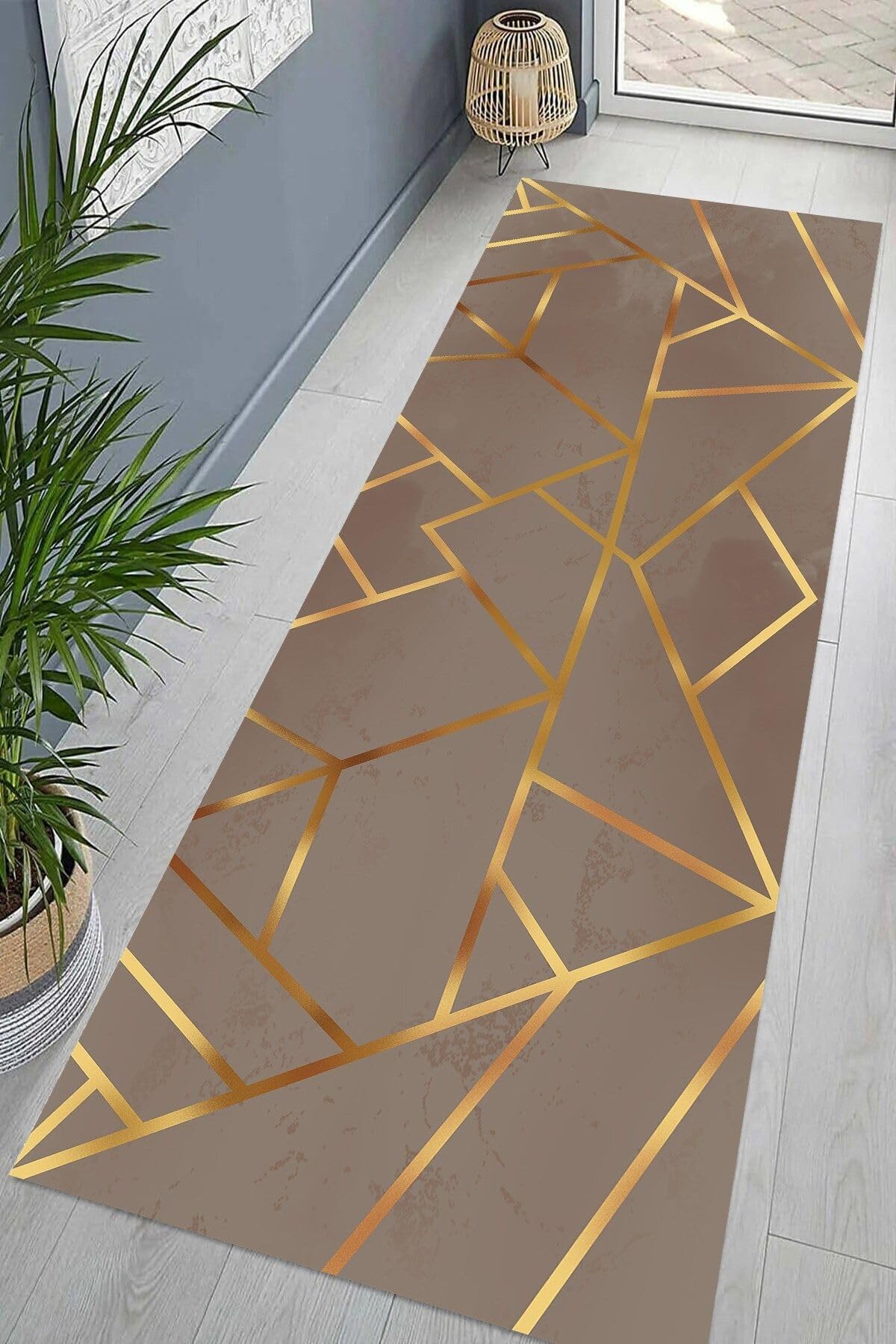 Pelangi Gold Çizgili Geometrik Desenli Dijital Baskı Yıkanabilir Modern Salon Halı ve Yolluk (Vizon), Gold-Siyah 100 x 350, 955412311003507