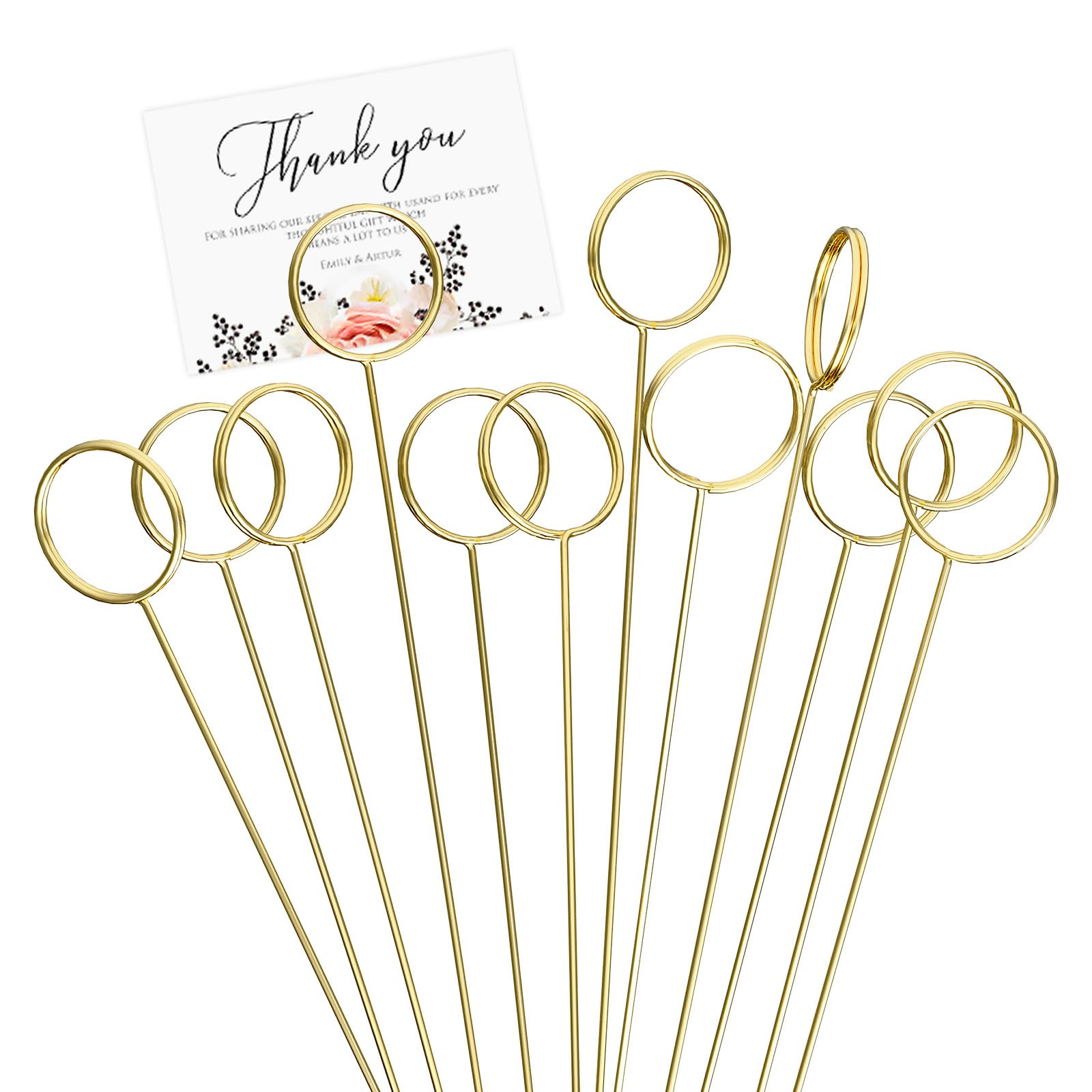 JICYOUP 30 Pack Gold Floral Card Holder Picks, 13.4 Inch Metal Flower Picks for Table Centerpieces, Picture Holders for Tables, Photo Card Holder Sticks for Flower Arrangements