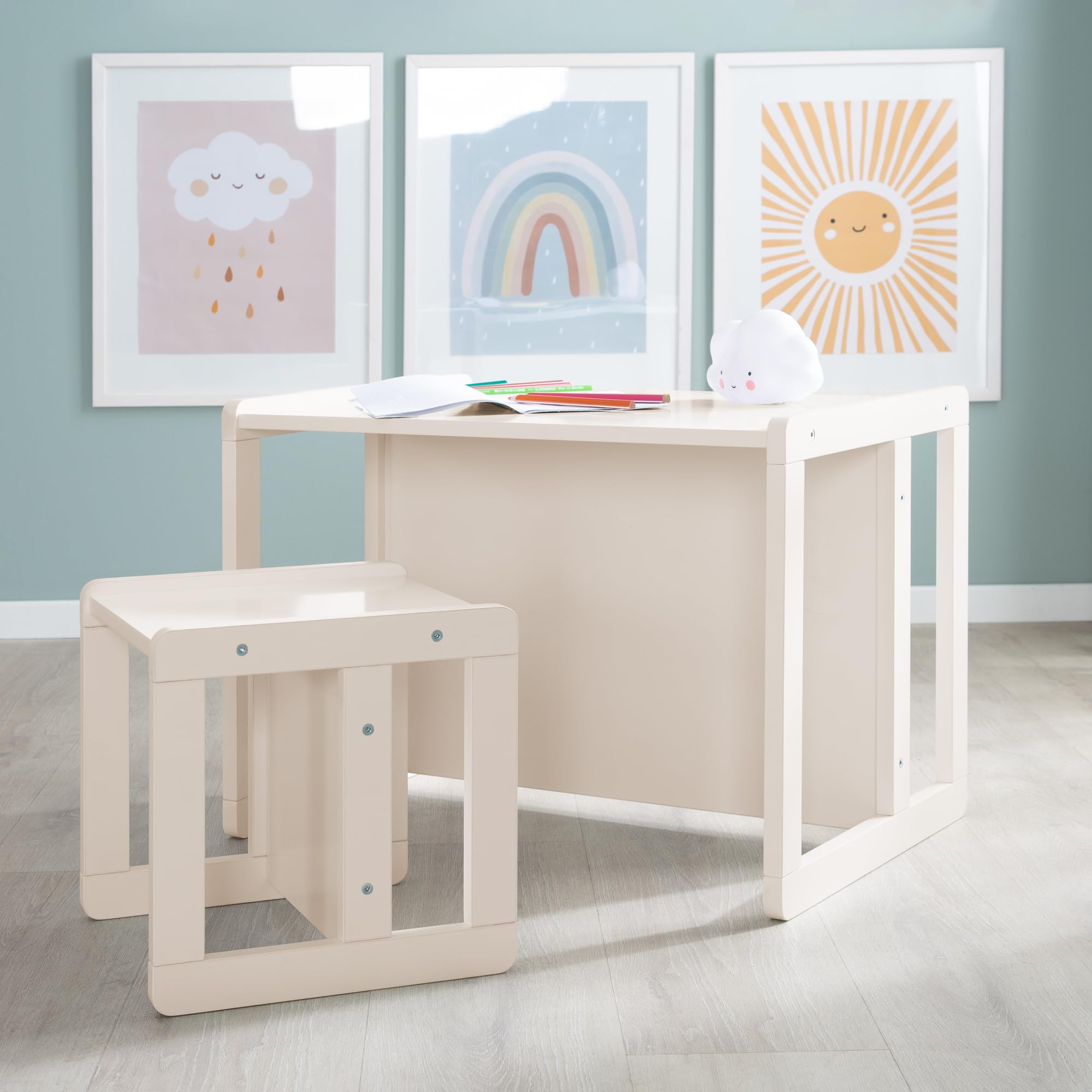 roba Ensemble Table et Chaise Réversibles pour Enfants - 3 Hauteurs d'Assise - Table Convertible en Banc – 9 Mois à 10 Ans - Bois Laqué Beige