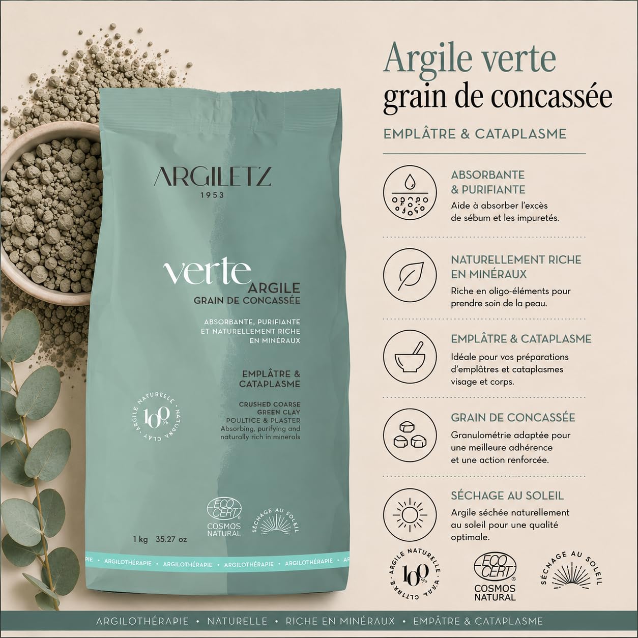 Argiletz - Argile Verte Concassée Brute 0,5 cm – Certifiée COSMOS NATURAL – Cataplasme Emplâtre – Argile Naturelle Soin Peau, Visage, Masque Maison - Confort Corporel, Usage Traditionnel