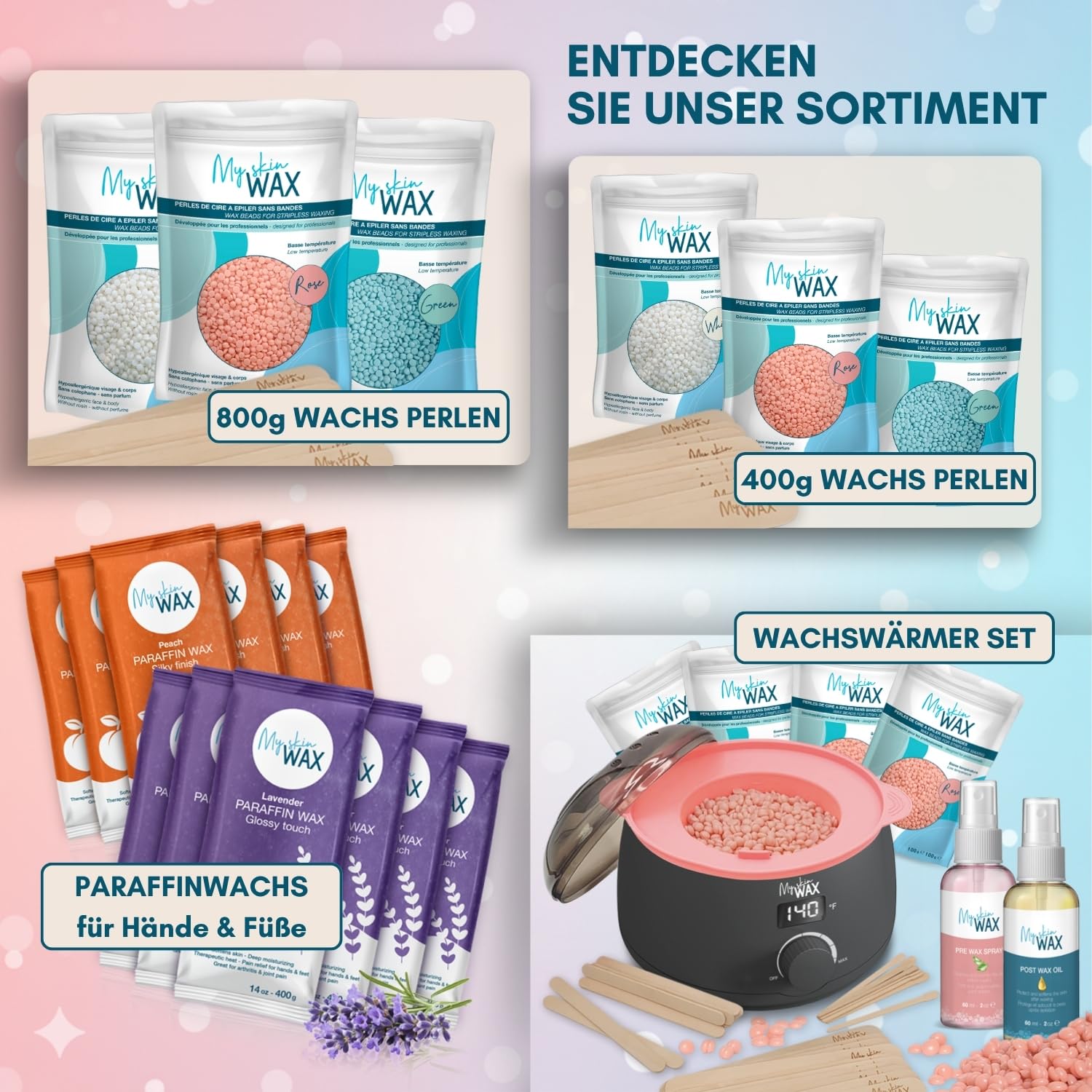 Wachswärmer Set Waxing Set Wachsmaschine elektrisch mit Silikonschale, digitaler Wachserhitzer, 400 g hypoallergenes Heißwachs ohne Streifen für Gesicht, Bikinizone & Körper