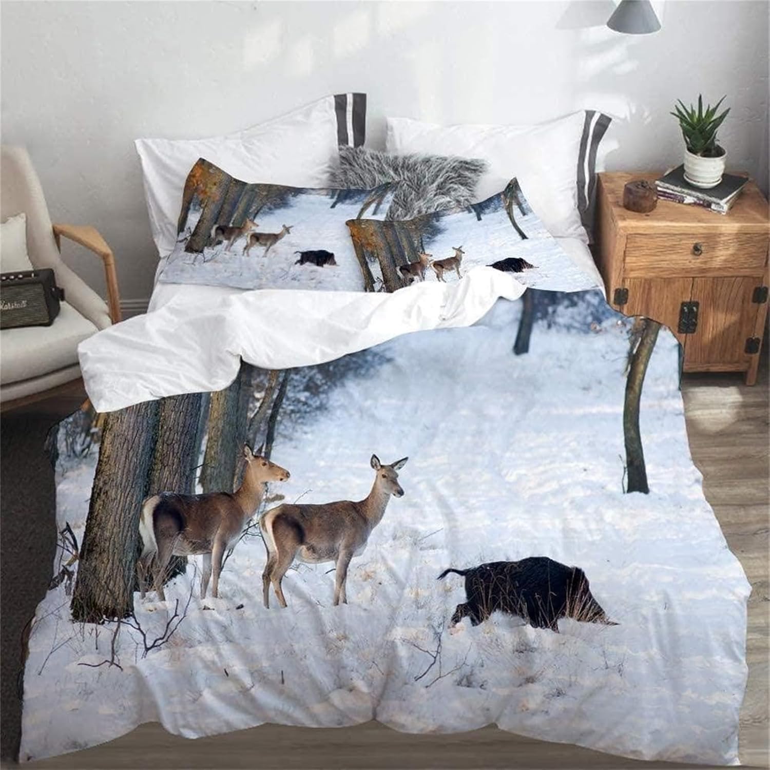 Qiwagu Wild Animals Queen Size Duvet Cover, Soft Reversible Quilt Cover with Deer and Wild Boar Pattern, Bedding Set with Zipper Closure, Washable Comforter Cover and 2 Pillowcases, 228x228 cm, Z19
