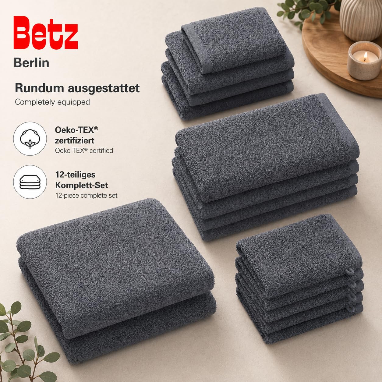 Betz Lot de 12 pièces Berlin 100% Coton 2 Draps de Bain 4 Serviettes de Toilette 2 d'invité 2 lavettes 2 Gants de Toilette Couleur Gris foncé - Berlin