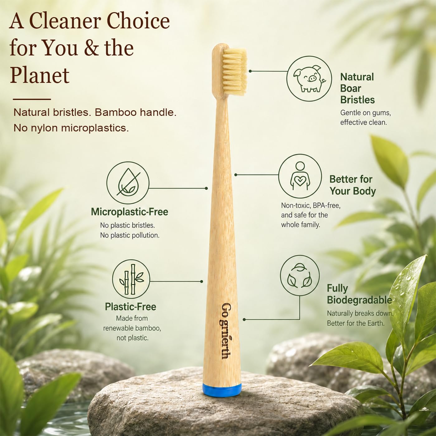Cepillo de dientes de cerdas de jabalí natural, mango de bambú, sin nailon, manual, para adultos y familia, paquete de 6 (mediano)
