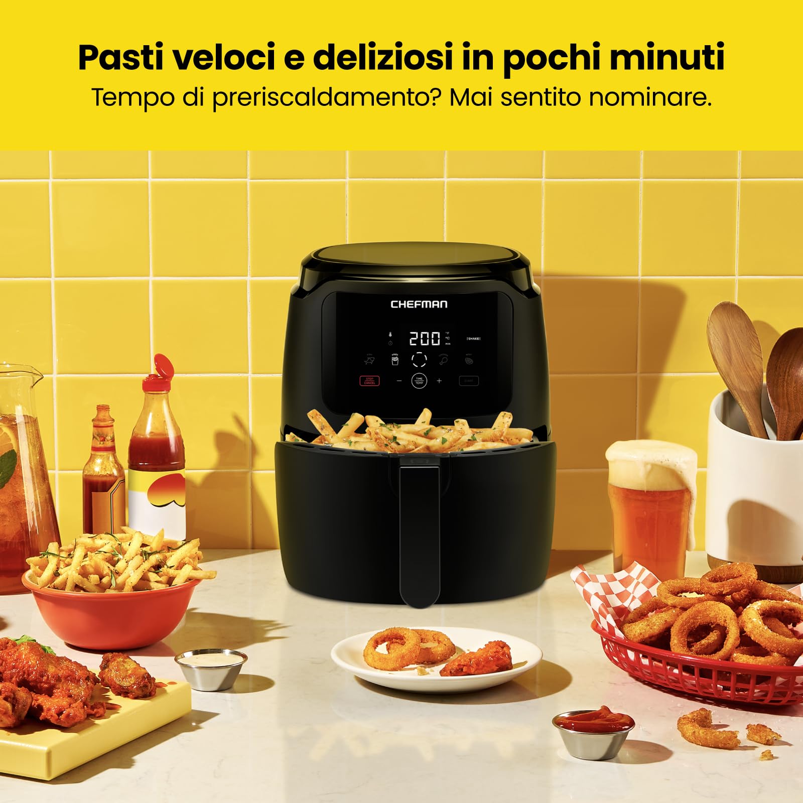 Friggitrice ad aria digitale Chefman 5 litri per famiglie, controllo digitale one touch, patatine, pollo, carne, pesce, parti antiaderenti lavabili in lavastoviglie, spegnimento automatico, nera