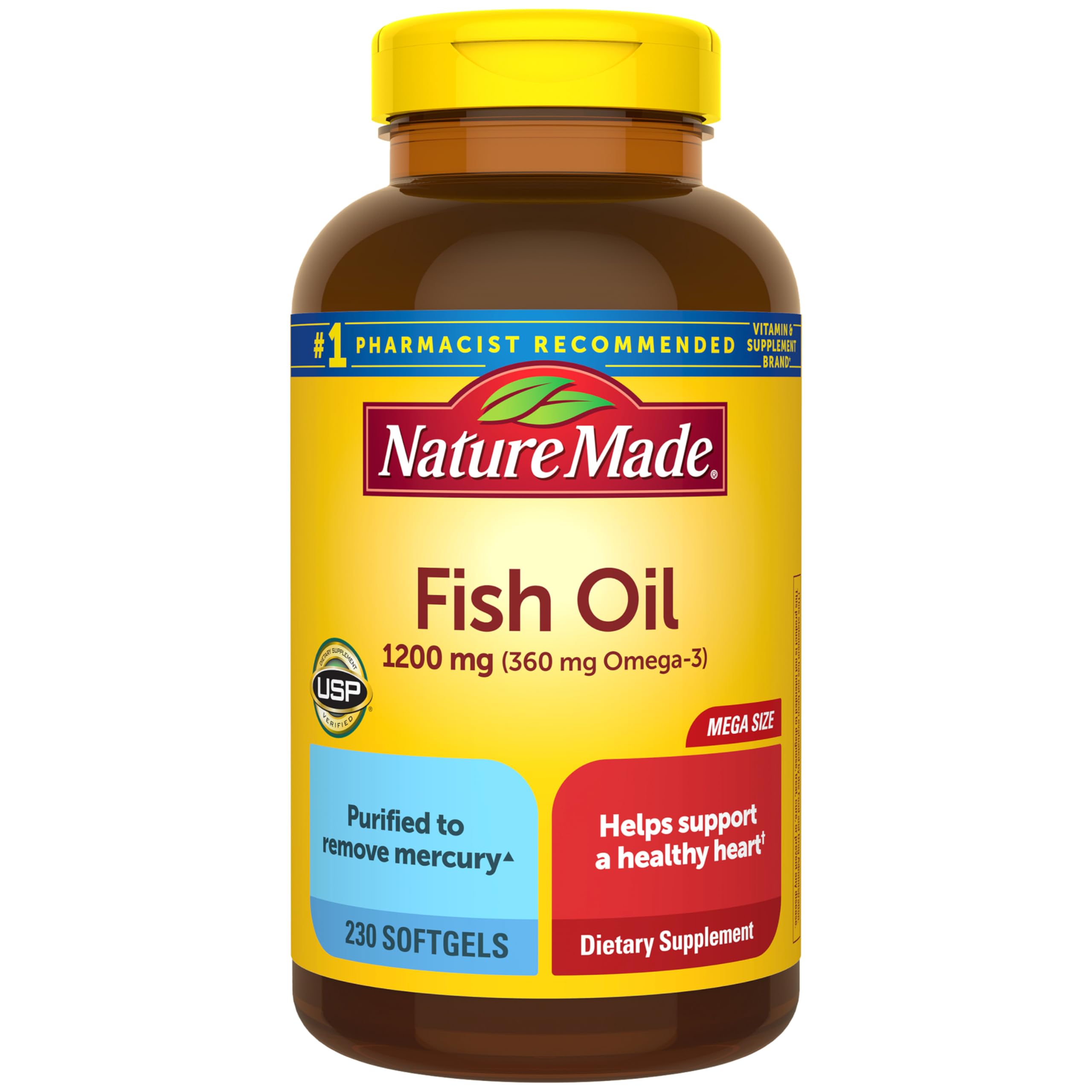 Nature Made Fish Oil 1200mg, 230 Softgels Mega Size, Fish Oil Omega 3 Supplement For Heart Health