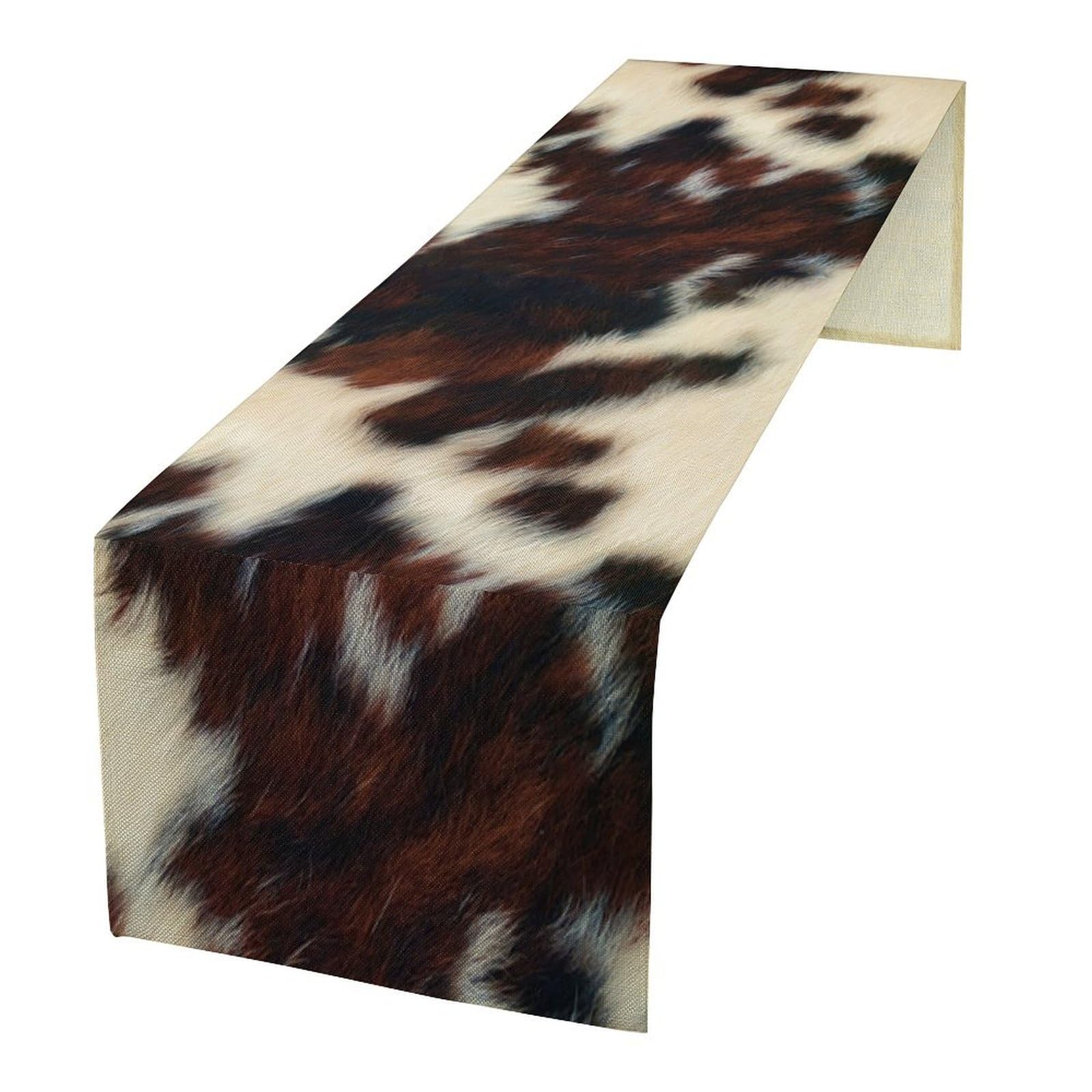 Cow Skin Print Table Runner, Vintage Cottage Country Animal Fur Skin Pattern Western Style Farmhouse Black Brown Cowhide Print Dinner Runner Home Kitchen Dining Table 13x90in