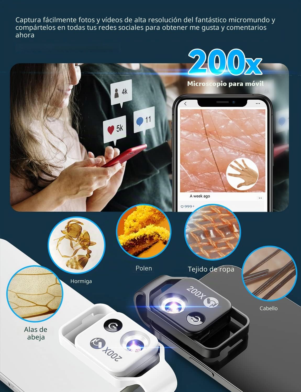 APEXEL Microscopios para Smartphone, Explore Micworld con Smartphone Microscope, 200x, Negro