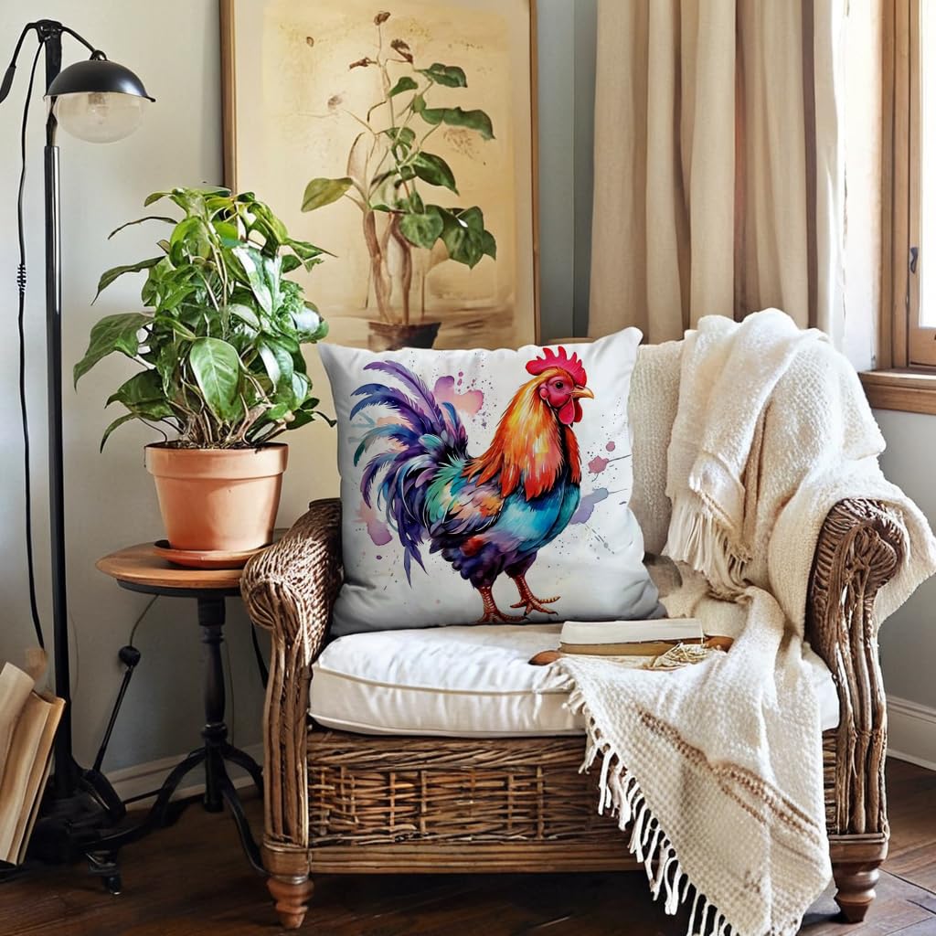 7COLORROOM Watercolor Animals Throw Pillow Covers 18x18 Inch Painting Rooster Print Cushion Case Farmhouse Spring Summer Decoration 2Pack Square Pillowcase for Patio Couch Sofa (Red)