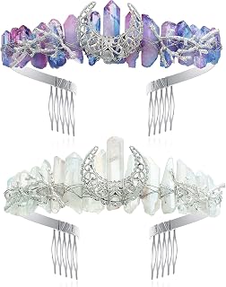2 Pieces Moon Goddess Crown Handmade Raw Crystal Quartz Tiara Mermaid Crown Fairy Headpiece with 10 Count Black Bobby Pin Crystal Headband for Women Girls Wedding Festival Rave Accessories, 2 Colors