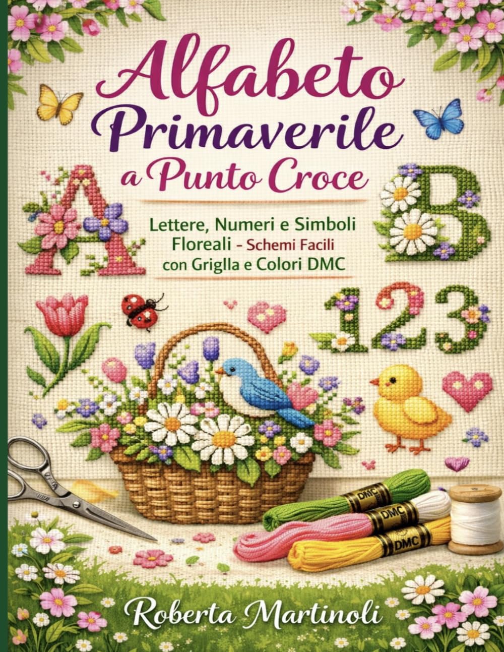 Alfabeto Primaverile a Punto croce: Lettere, Numeri e Simboli Floreali - Schemi Facili con Griglia e colori DMC