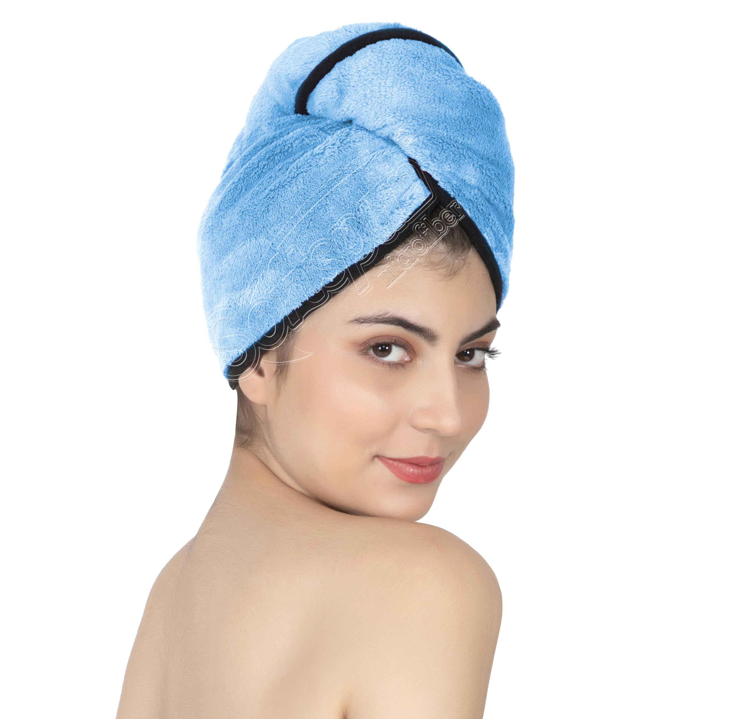 SOFTSPUN Microfiber Hair Cap 1 Pcs 70X25 cm Sky Blue 280 GSM Super Absorbent Quick Dry Hair Turban for Drying All Kinds of Hair Straight or Curly Short or Long Thin or Thick Hair.