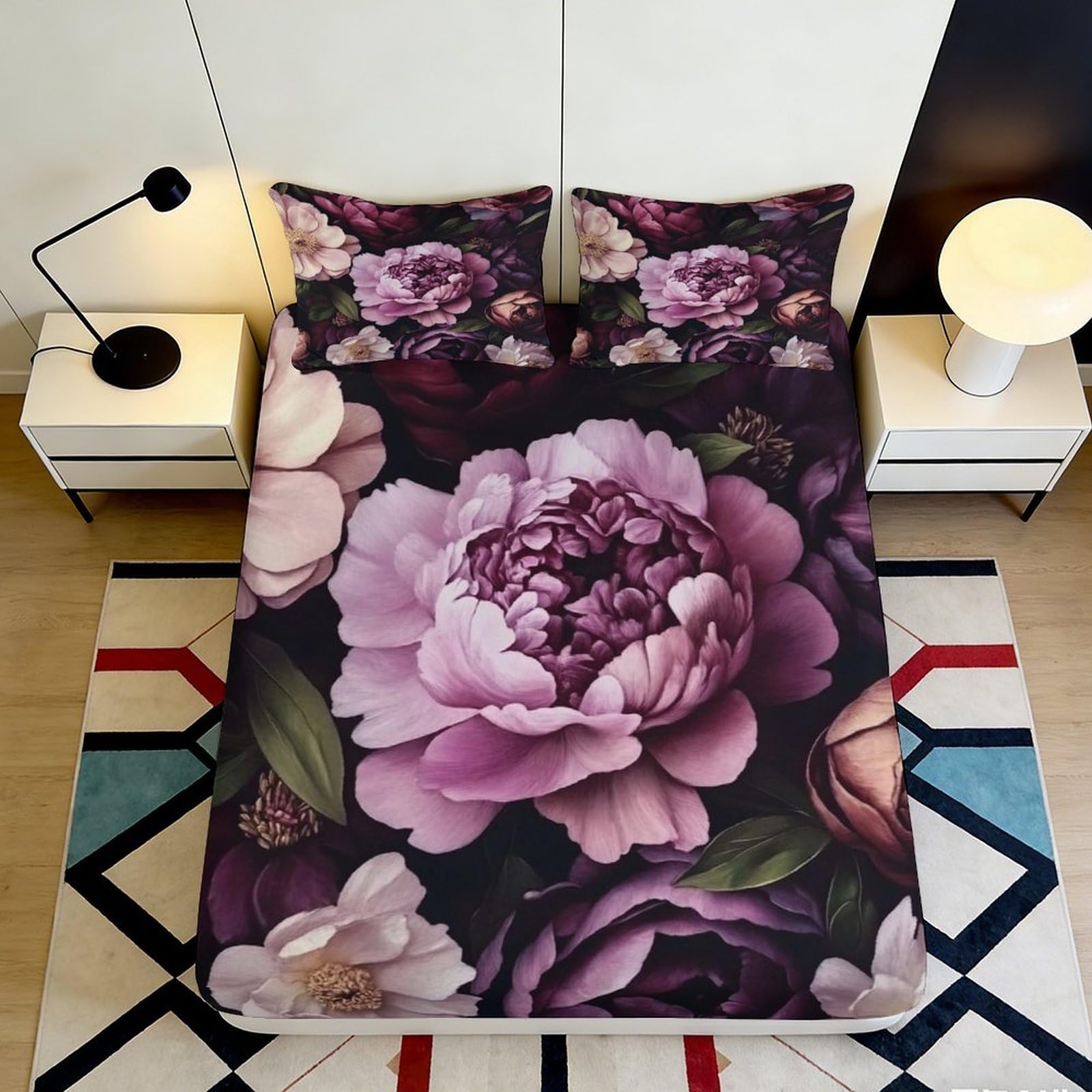 3D Printed Purple Peony Fitted Sheet Microfiber Soft Floral Mattress Cover for Bedroom Guest Room Dorm Decor 180x200x25cm