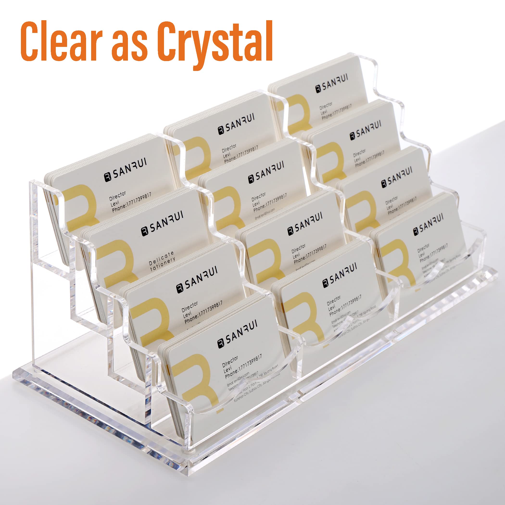 SANRUI Soporte transparente para tarjetas de visita para escritorio, acrílico horizontal para tarjetas de nombre, organizador de almacenamiento, para exposición, hogar, oficina, 4 niveles, 12