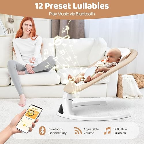 Miniatura 6 de Columpio para bebés con Bluetooth con control remoto, columpios portátiles para bebés con 5 movimientos de velocidad, 12 canciones de cuna
