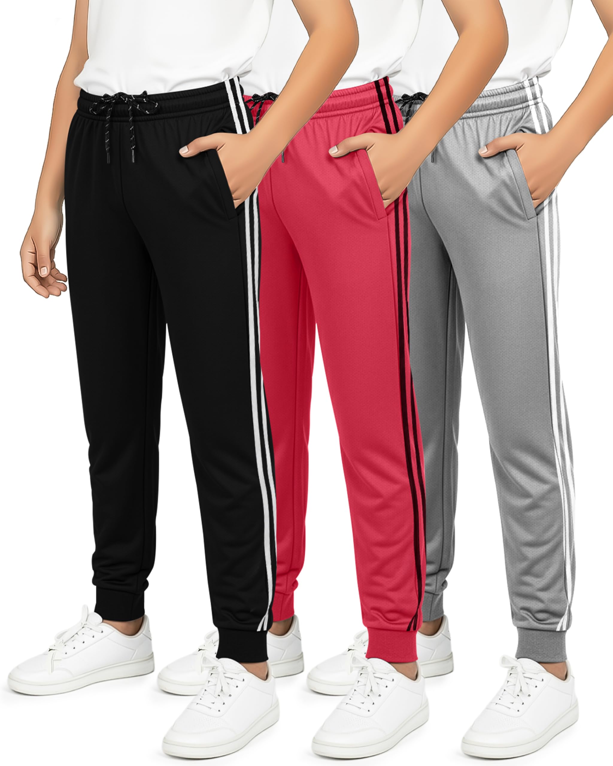 Real Essentials 3 Pack: Boy's Mesh Jogger Sweatpants - Youth Kids Baseball Football Athletic Pants with Pockets