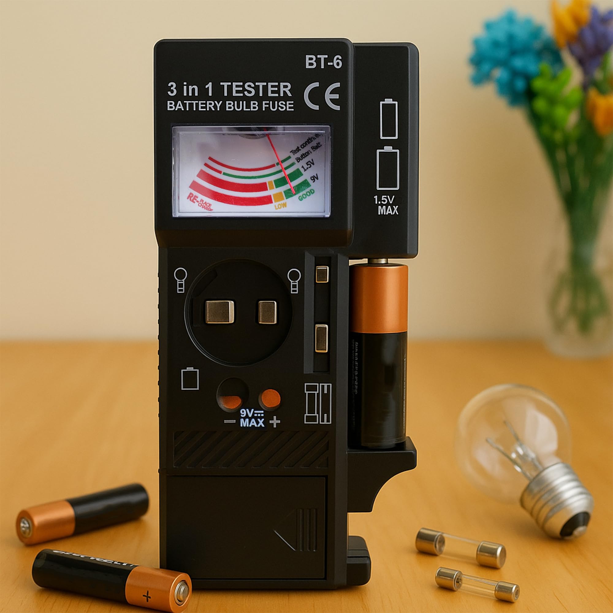 Testeur d'ampoules et de fusibles 3 en 1 - Outil de test multifonction AAA, AA - 9 V - Code couleur - Facile à utiliser, compact, portable, analogique