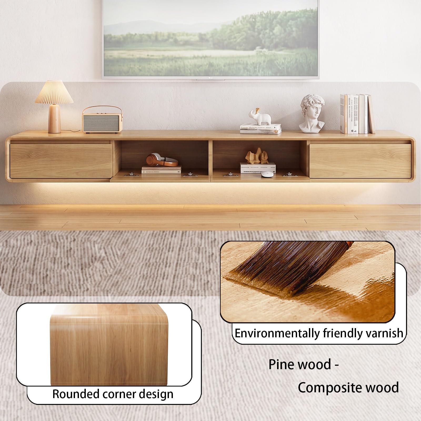 Mueble de TV de Madera Maciza,Mueble de TV Flotante, Mueble Bajo de Pared para TV, Adecuado para el Salón y el Dormitorio,Madera 220CM-LED