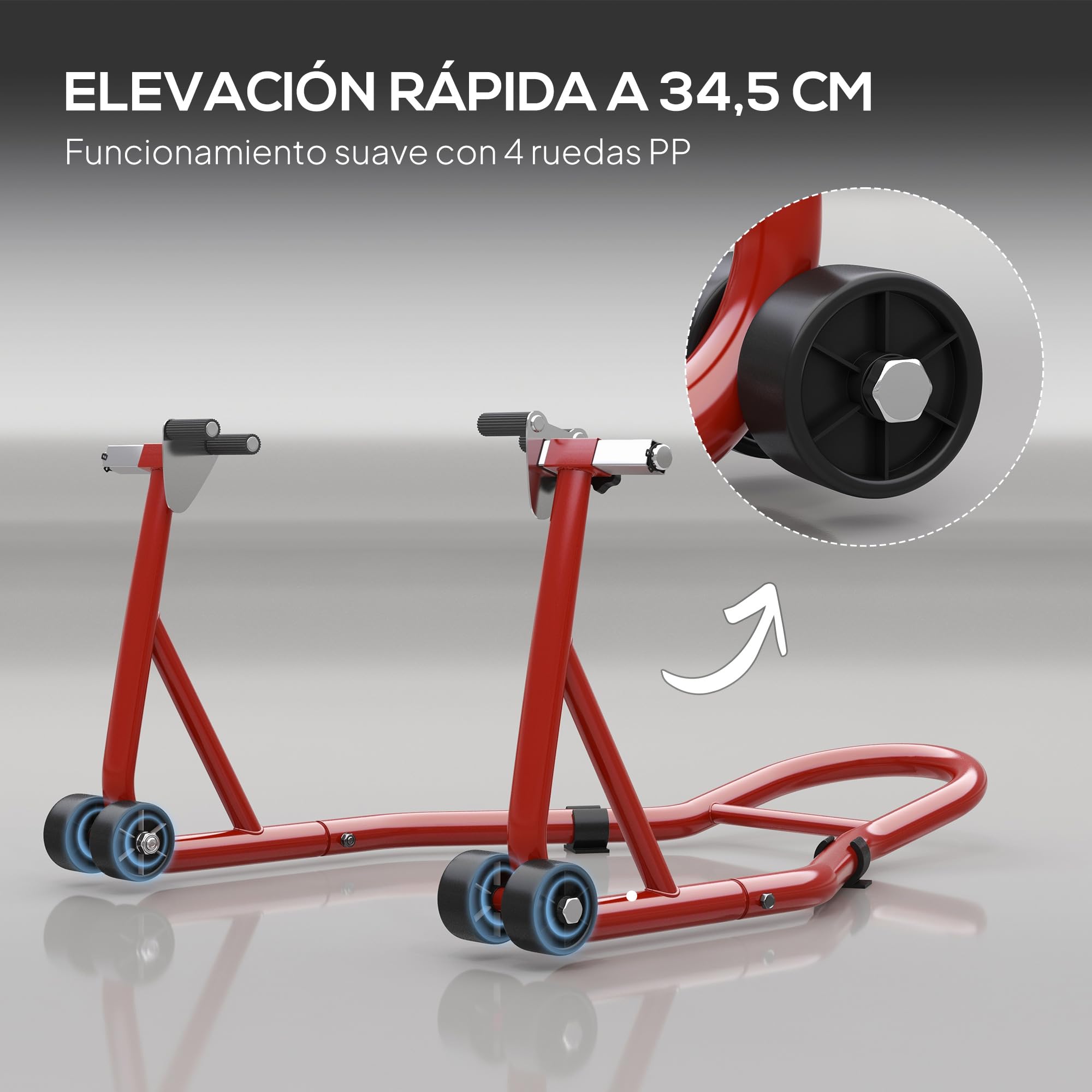 HOMCOM Caballete de Moto Soporte Delantero Universal Rueda 10" 17" 18" | Acero, Carga 200 kg, Horquillas en U y L Ajustables, Ruedas, Almohadillas Antideslizantes, Reparación en Garaje