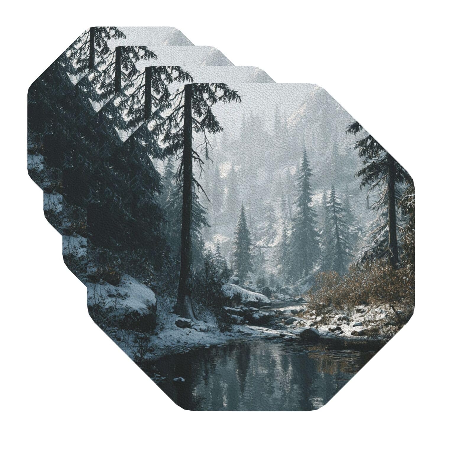 Drink Coasters Set of 4 Quick-Dry Leather Coaster wilderness winter Coasters for Drinks Coffee Cup Mat Tabletop Protection Heat Resistant Coaster for Kitchen Bar Office Home Decor