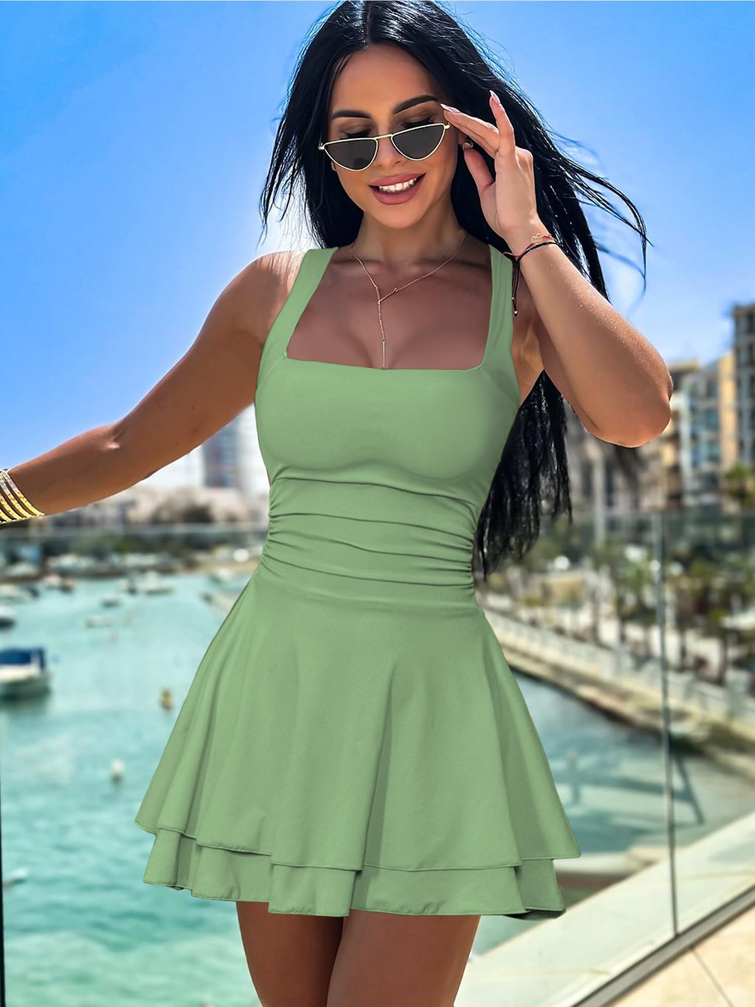 Kaximil Women's Square Neck Ruffle Hem Mini Dress Ruched Waist Short Party Dresses: X-Small Pea Green