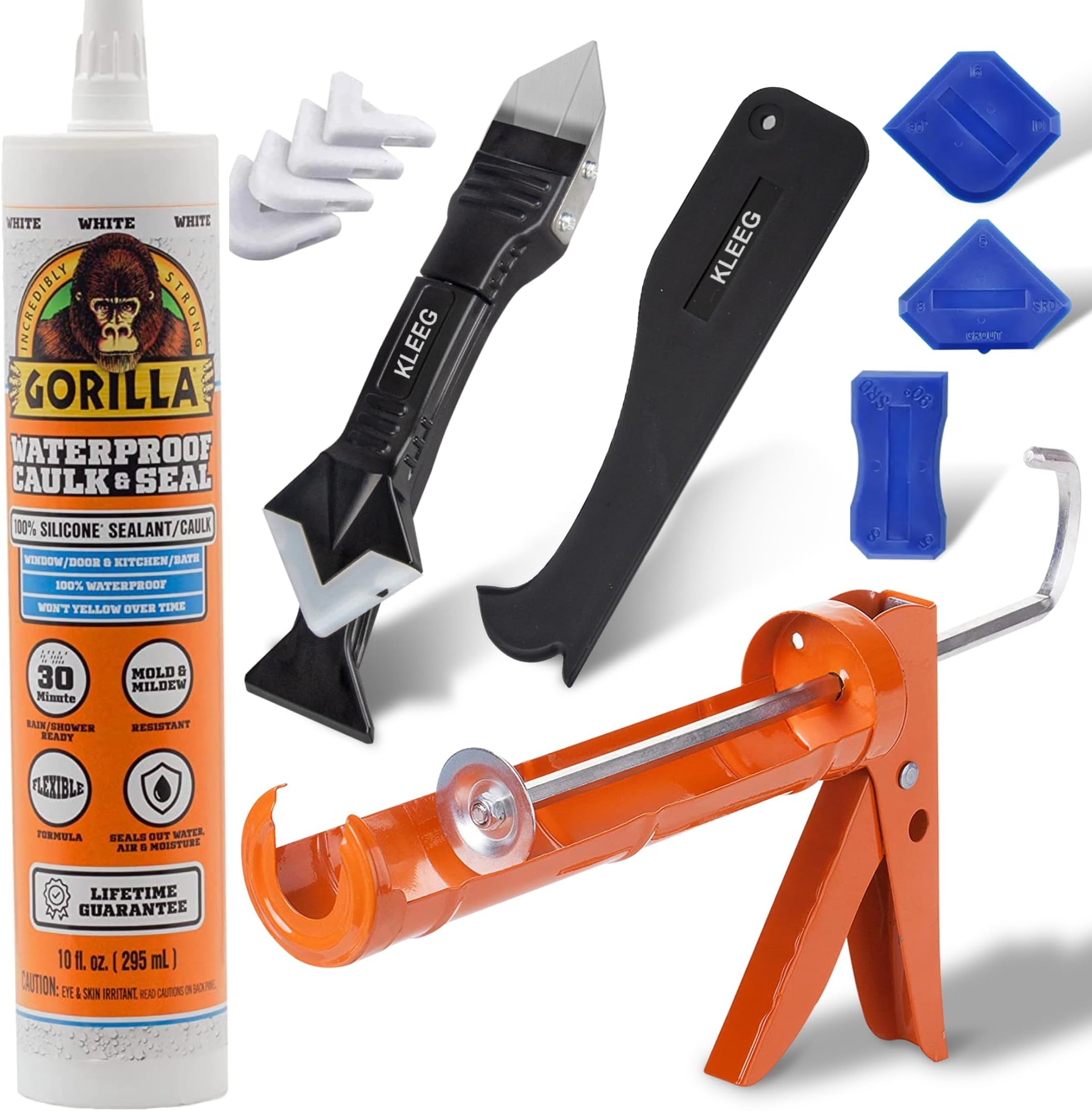 Gorilla Caulk Sealant 100% Silicone, 10oz Cartridge, White + KLEEG Caulk Gun and Caulking Tool Kit - Dripless Gun, Removal Tool, 3in1 Scraper Sealant