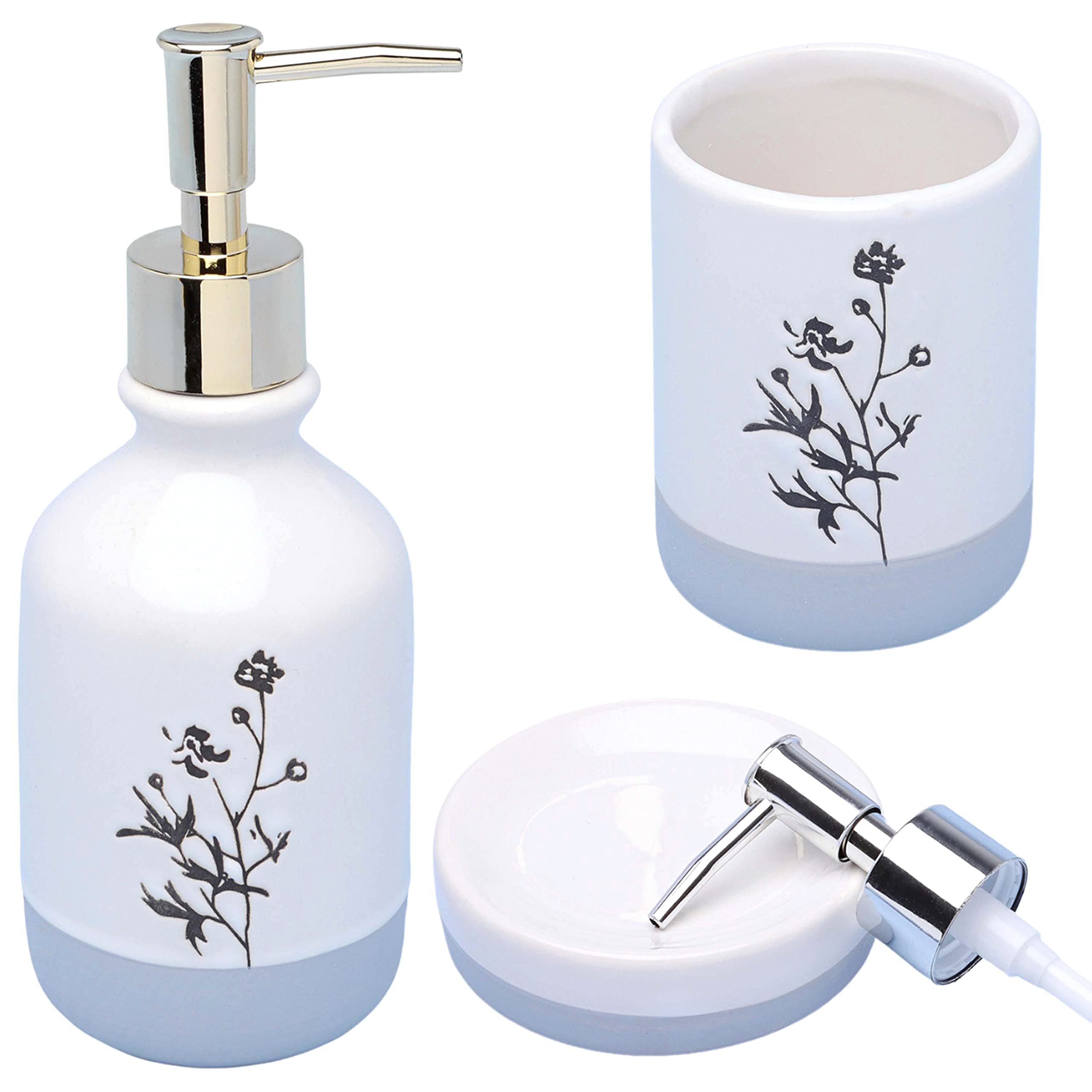 G DecorWhite Black Flower Print Cream Gold + Chrome Pump Ceramic 3-Piece Bath Accessory Set, Includes Liquid Soap or Lotion Dispenser, Toothbrush Holder or Tumbler, Soap Dish (Artistic Flowers)