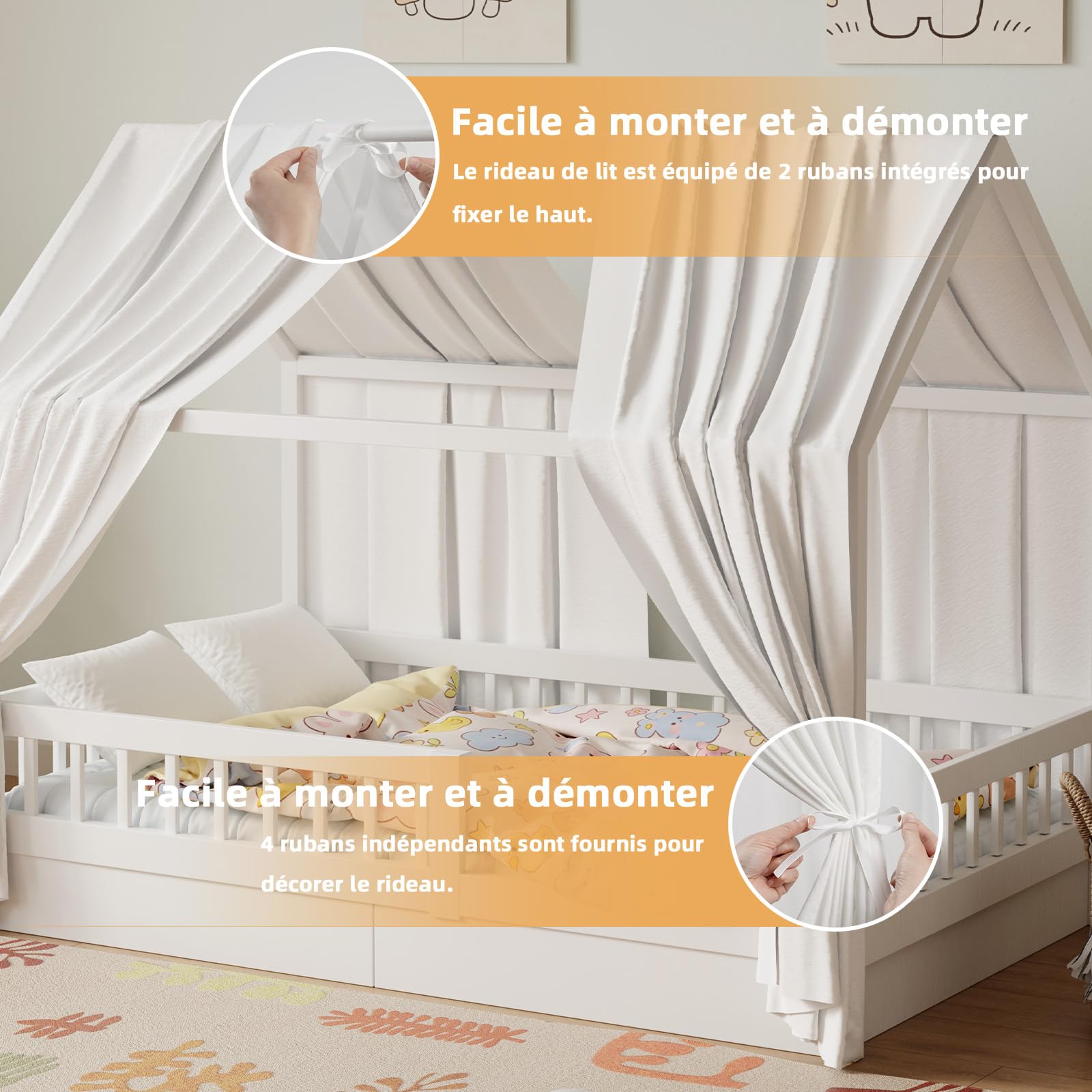 Lit Cabane Enfant, Ciel de Lit Cabane avec 2 Pièces Rideaux, Baldaquin Ciel en Tissu Doux Respirant, Ensemble de Décoration pour Chambre Fille Garçon (Blanc, 70x270cm)