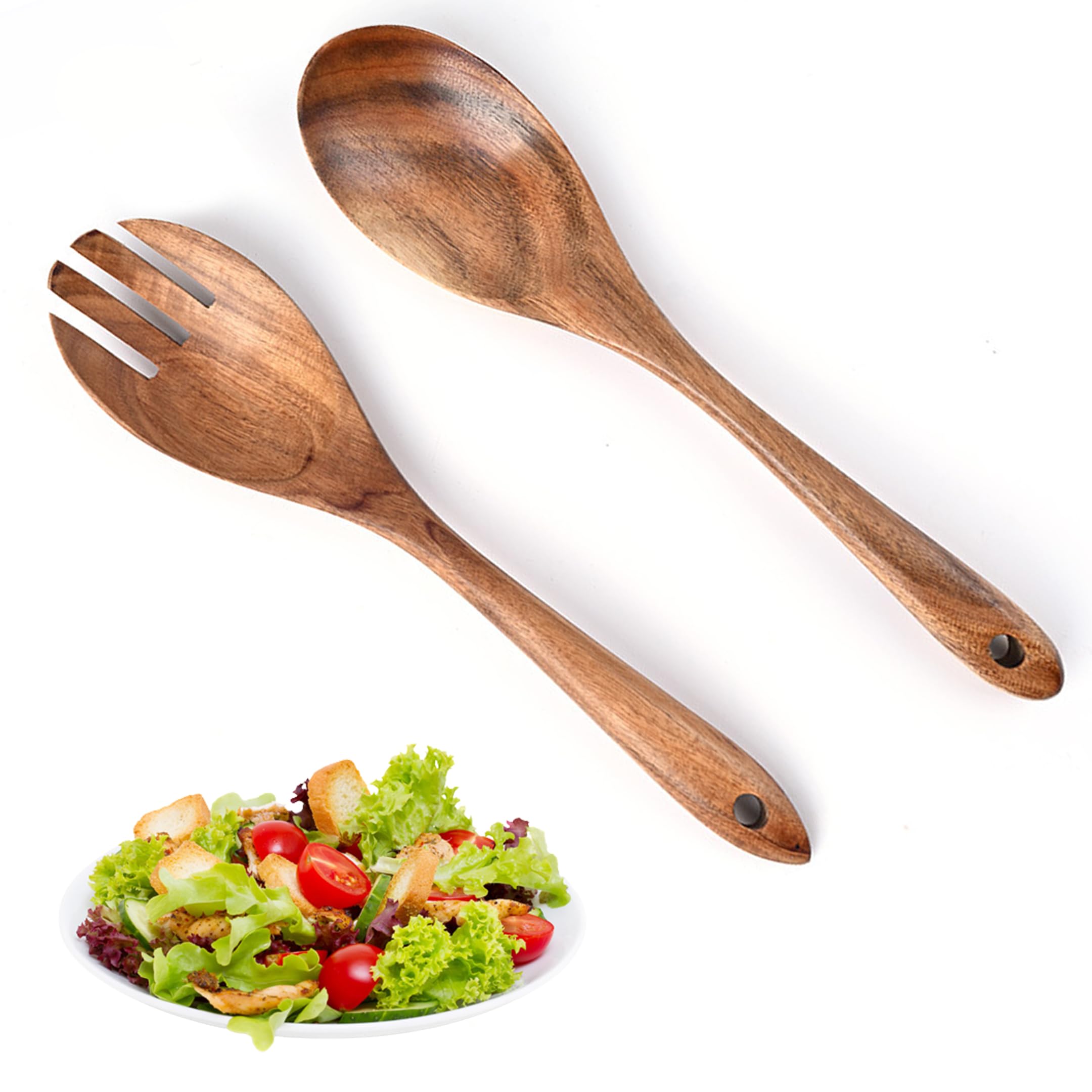 2PCS Salad Spoon and Fork Set, Salad Wood Serving for Mixing Fruit Pasta Dish, Cutlery Wooden Servers for Large Salad Bowl
