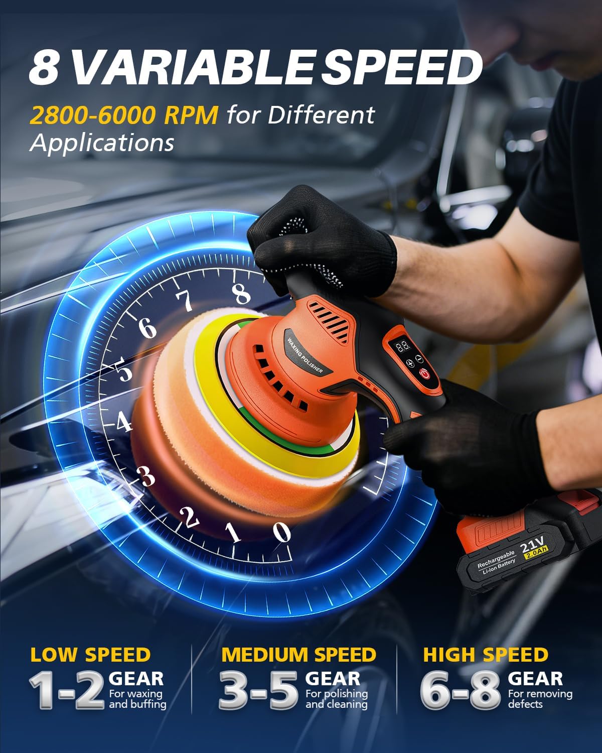Cordless Car Buffer Polisher, 8 Variable Speed Car Polisher with 2x 21V 2000mAh Batteries & 18 PCS Attachments, 2800-6000RPM Cordless Car Polishing Machine for Waxing, Polishing & Scratch Removal