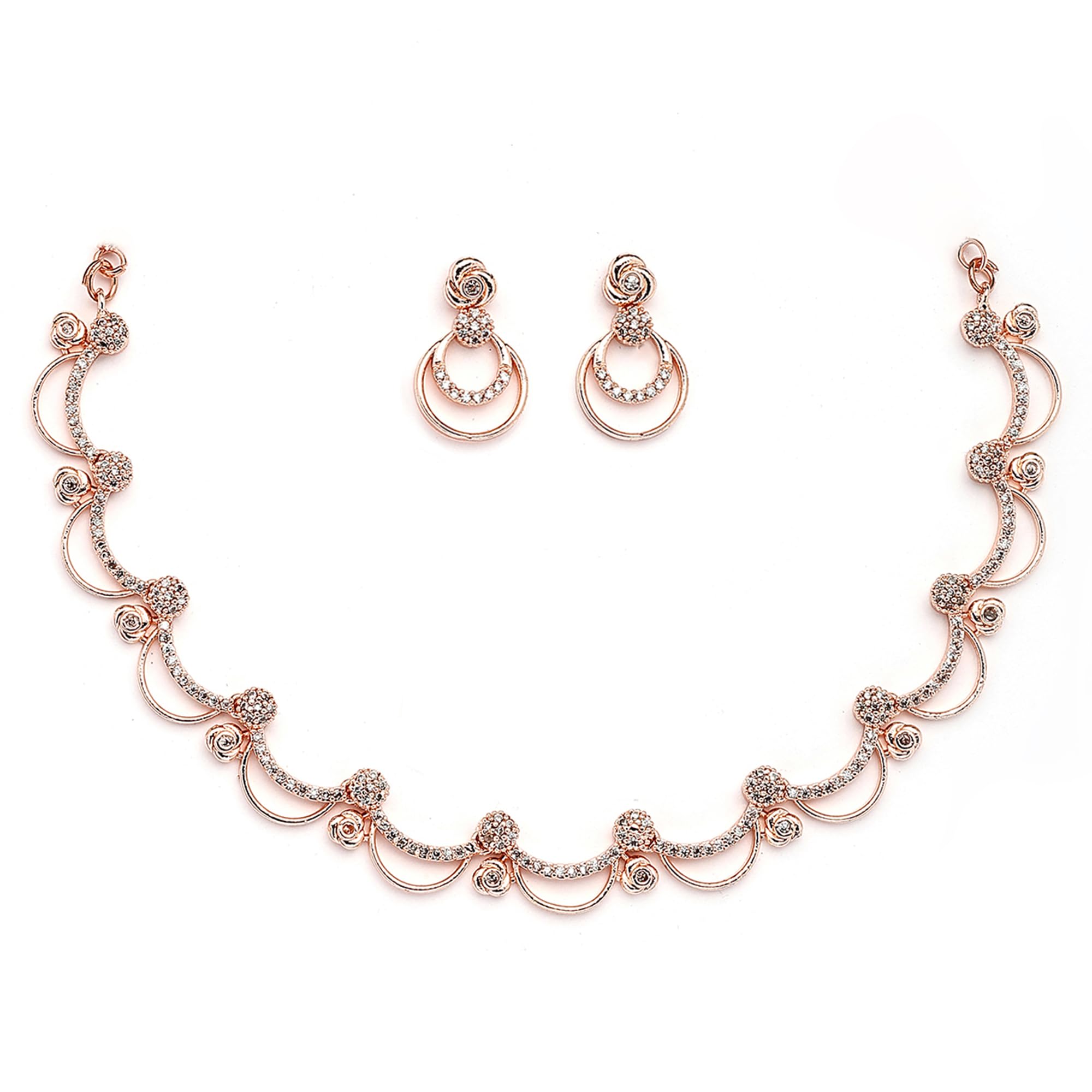 Charming Rose Shaped White American Diamond Studded Necklace With Earrings Jewellery Set For Women & Girls