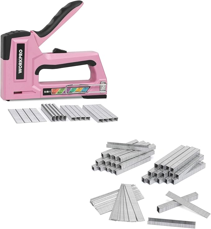 WORKPRO Pink Staple Gun, 6in1 Manual Brad Nailer with