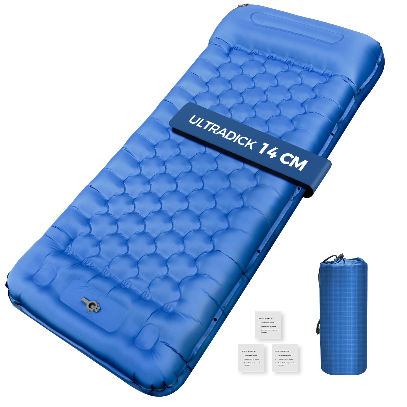 NAPASA Isomatte Camping, 14CM Verdicktes Aufblasbare Matratze mit Eingebauter Fußpresse Pumpe & Kissen, Wasserdicht, Anti-Ripstop Schlafmatte für Wandern, Strand, Reisen, Zelt(Blau)