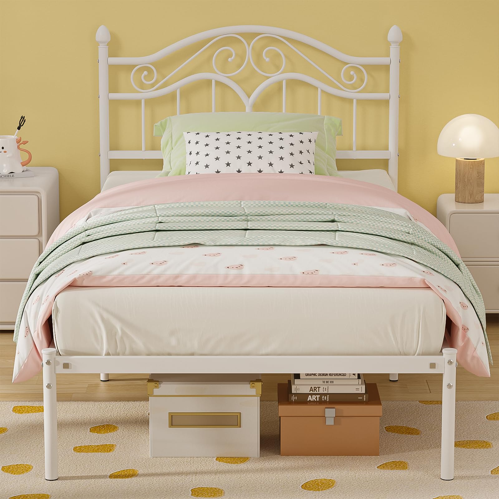 Ulifance Single Bed Frames with Vintage Headboard, 3ft Metal Bed Frame for Kids with Storage Space, No Box Spring Needed, Noise Free, Easy Assembly, White