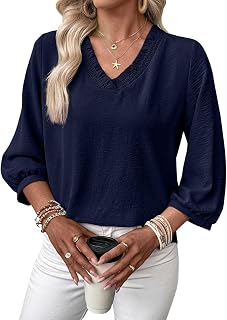 SHEWIN Women Smocked Neck Tops 3/4 Sleeve Loose Fit Shirts