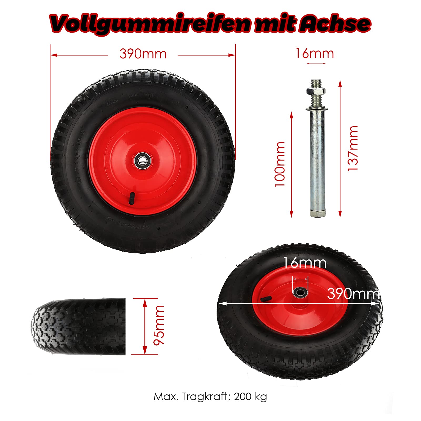Lospitch Koło do taczki 4.80 4.00-8, opony pneumatyczne, Ø 390 mm, pełne koło 120 kg, czarno-czerwone koło gumowe PU, opony pneumatyczne do taczki, wózka transportowego, żółto-czerwone