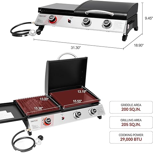 Miniatura 4 de Royal Gourmet PD1305H - Combo de parrilla y plancha de gas propano de 3 quemadores con tapa, combo de parrilla 3 en 1 con salida de 29,000 BTU para